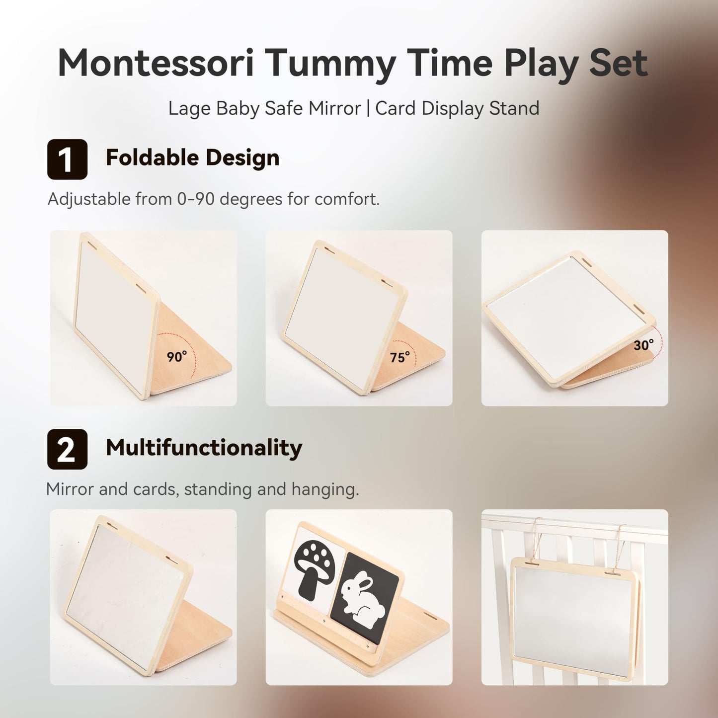IEATFO Tummy Time Play Set: Adjustable Mirror, Double-Sided Montessori Cards, Safe Large Mirror