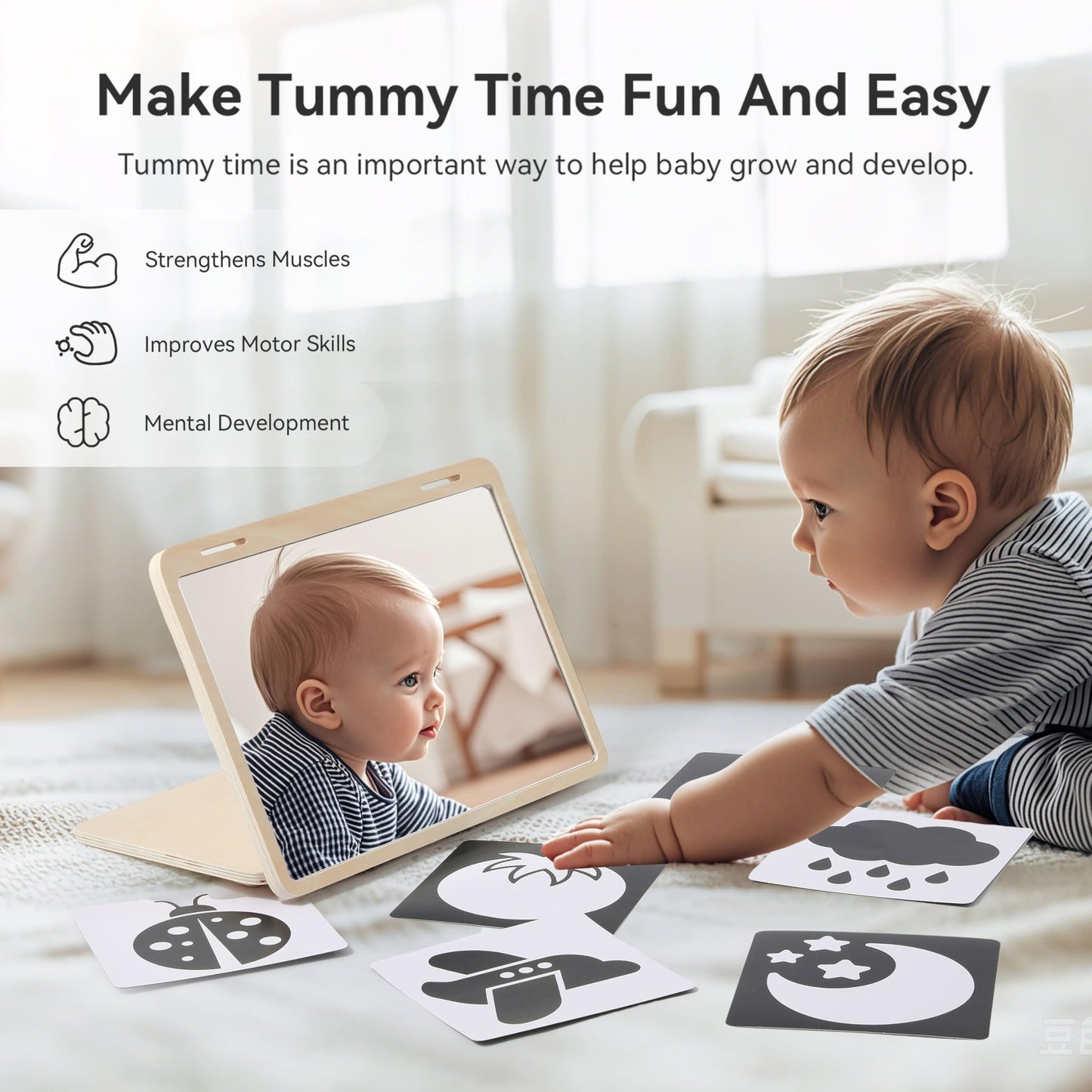 IEATFO Tummy Time Play Set: Adjustable Mirror, Double-Sided Montessori Cards, Safe Large Mirror