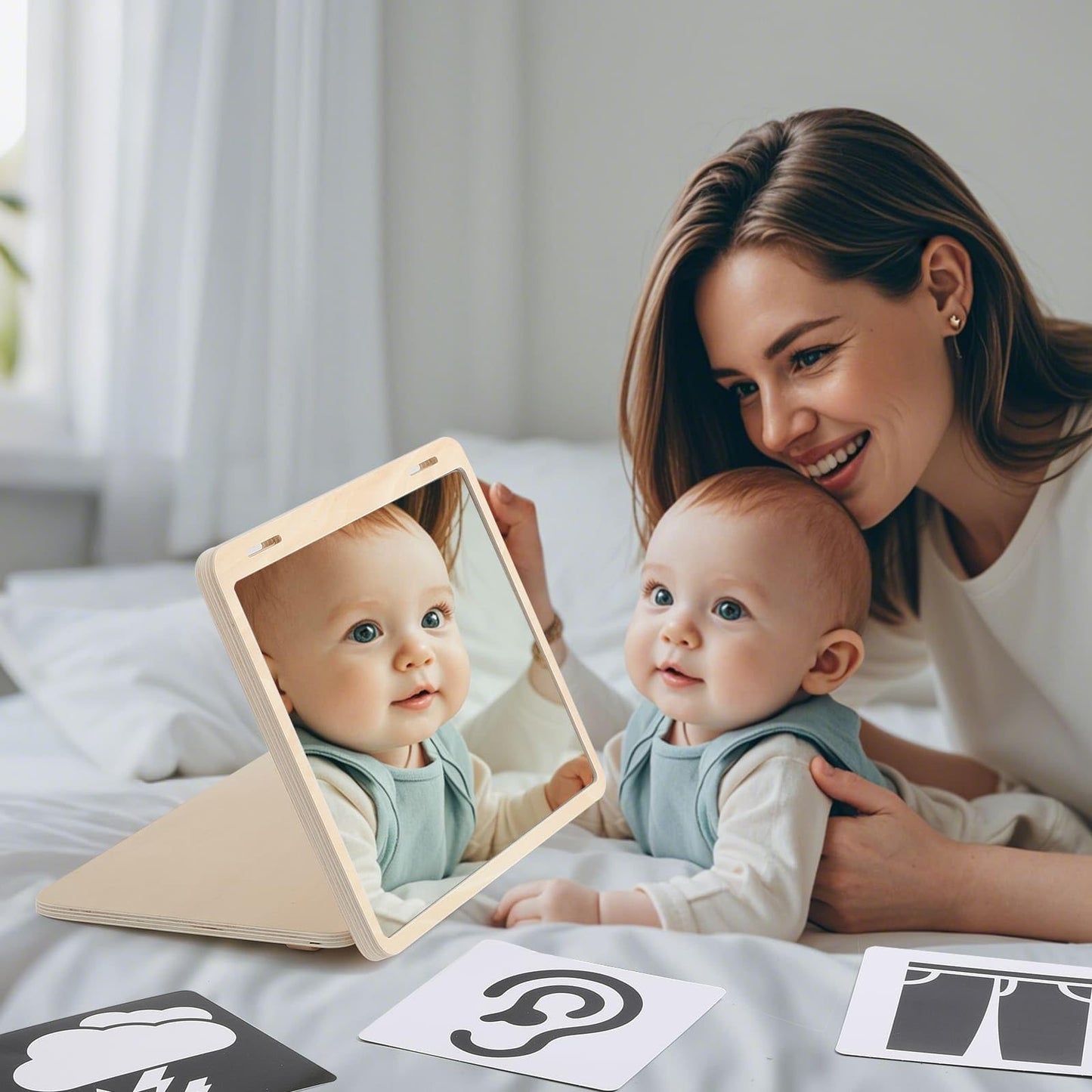 IEATFO Tummy Time Play Set: Adjustable Mirror, Double-Sided Montessori Cards, Safe Large Mirror