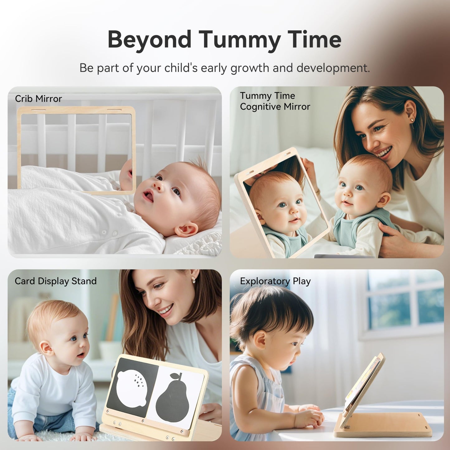 IEATFO Tummy Time Play Set: Adjustable Mirror, Double-Sided Montessori Cards, Safe Large Mirror