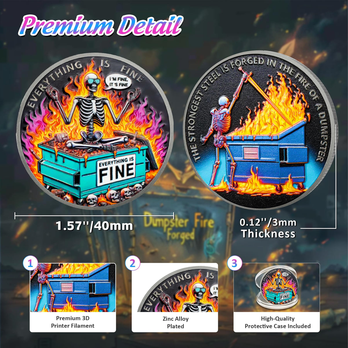 IELCJJ Colorful Skull Dumpster Fire Coin – The Strongest Steel Forged in Fire Desk Accessory