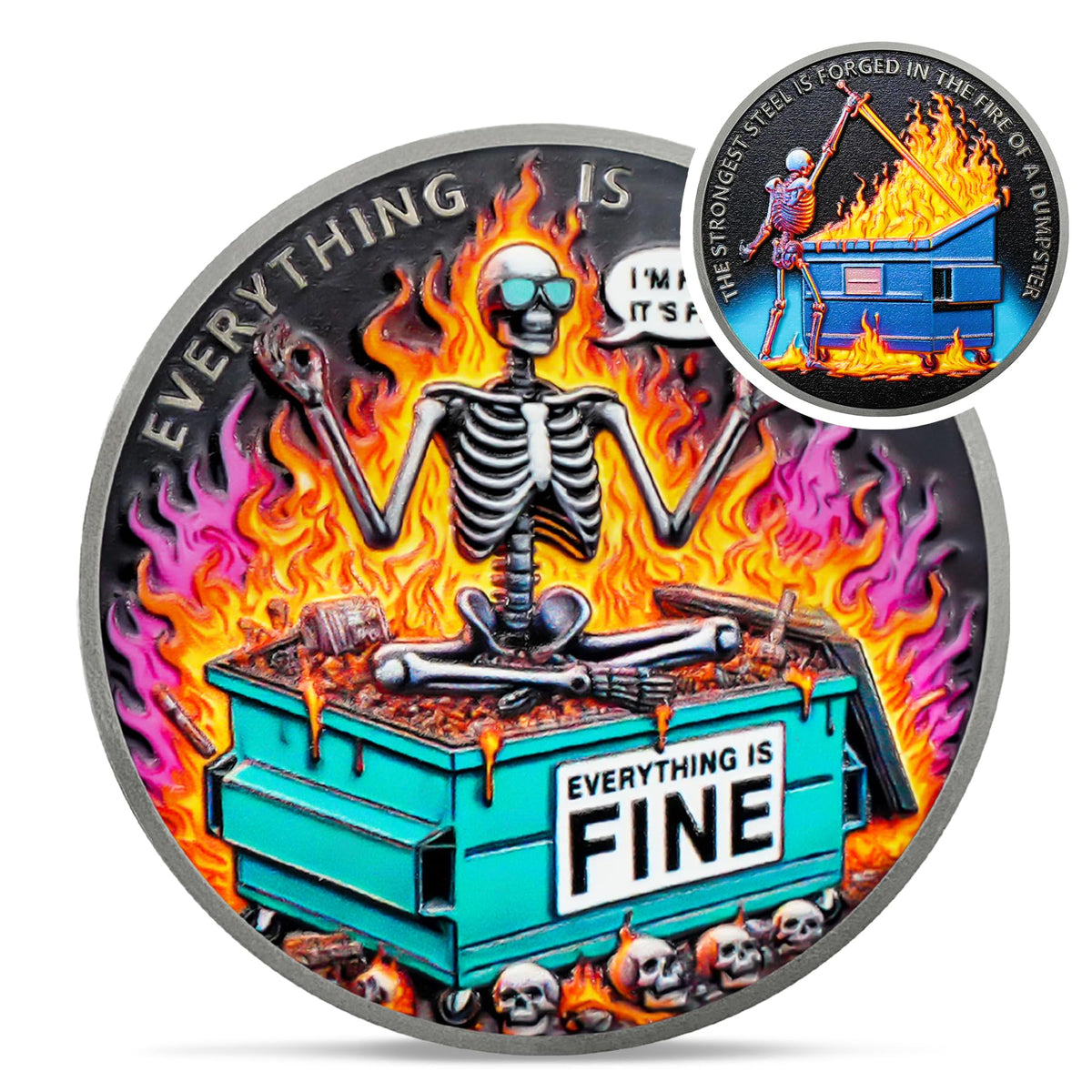 IELCJJ Colorful Skull Dumpster Fire Coin – The Strongest Steel Forged in Fire Desk Accessory