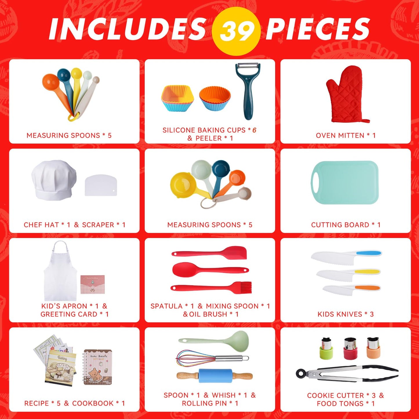 IELEK Kids Cooking Set – Real Baking Utensils with Apron, Hat & Kitchen Guide