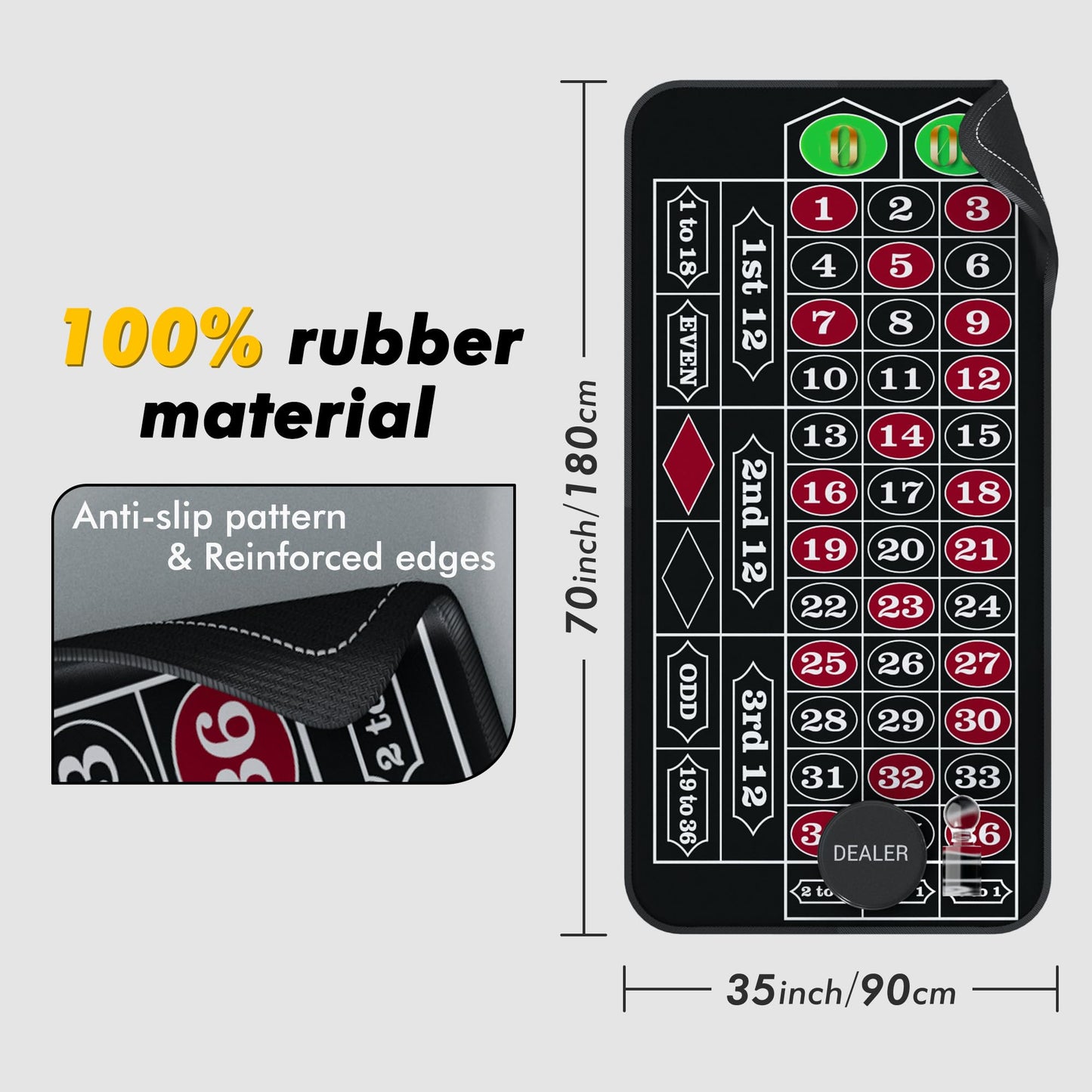 iEsstros Casino Roulette Mat 70x35 — Portable Rubber Table Mat with Storage Bag, Win Marker & Dealer Button