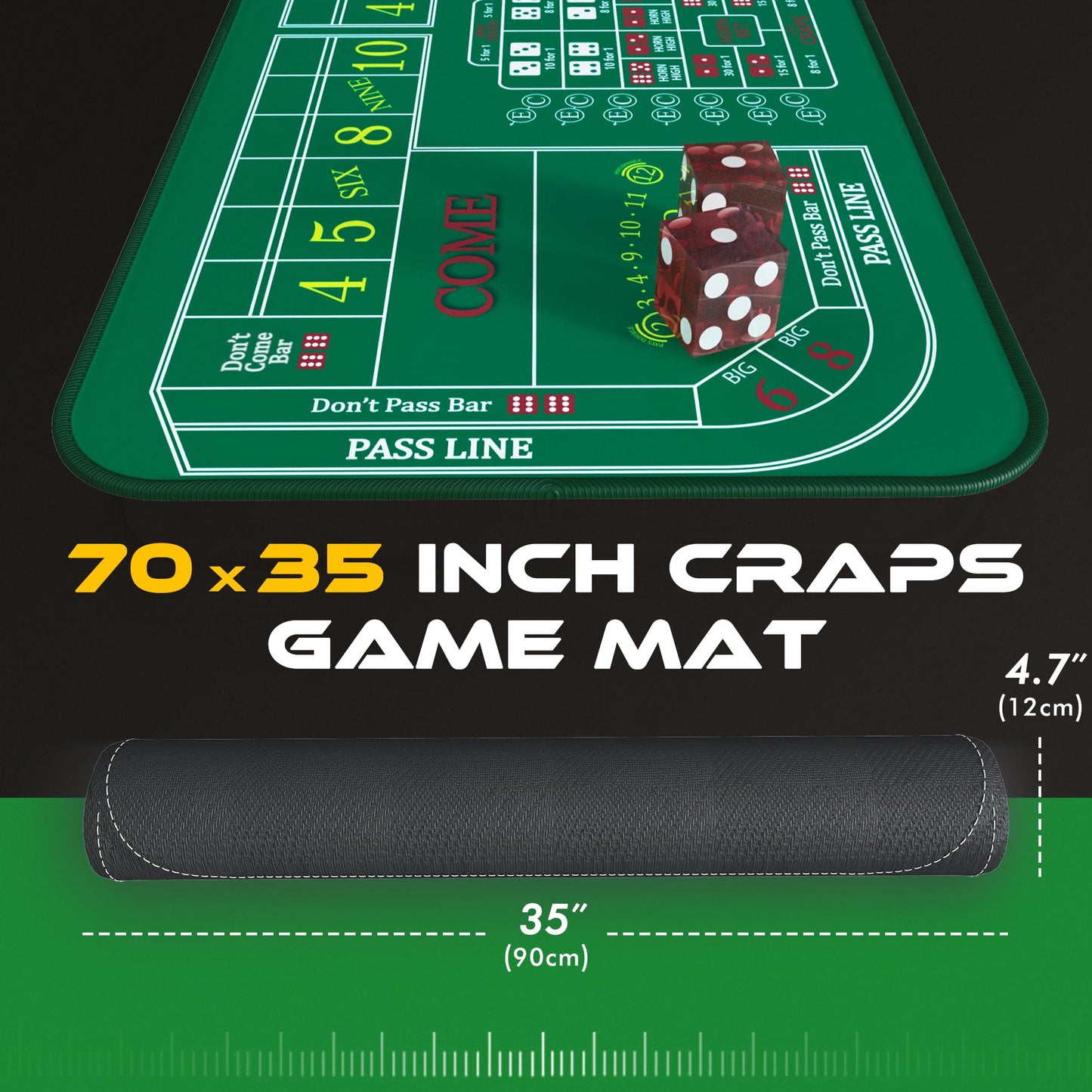 iEsstros Craps Table Top Set - 70x35 Inches Green Mat with 5 Dice, 100 Chips, and Carry Bag