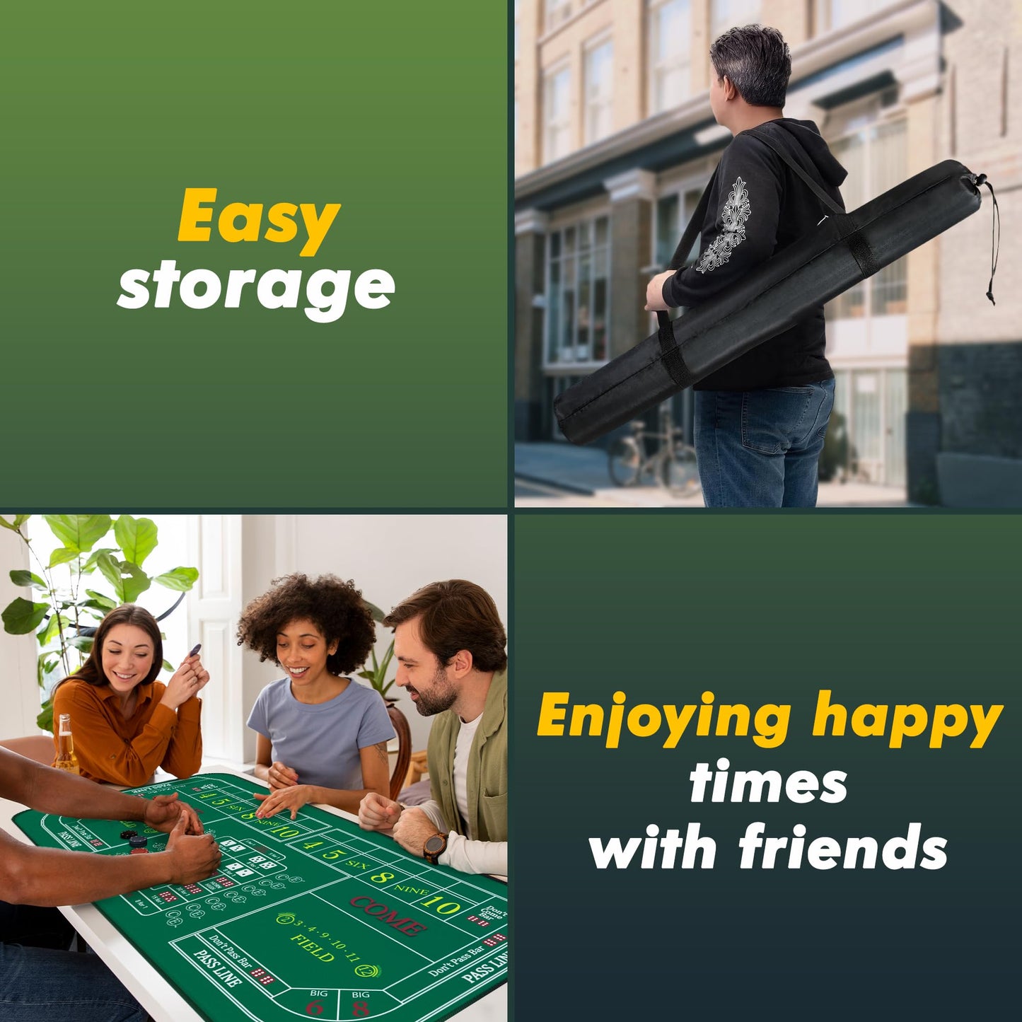 iEsstros Craps Table Top Set - 70x35 Inches Green Mat with 5 Dice, 100 Chips, and Carry Bag