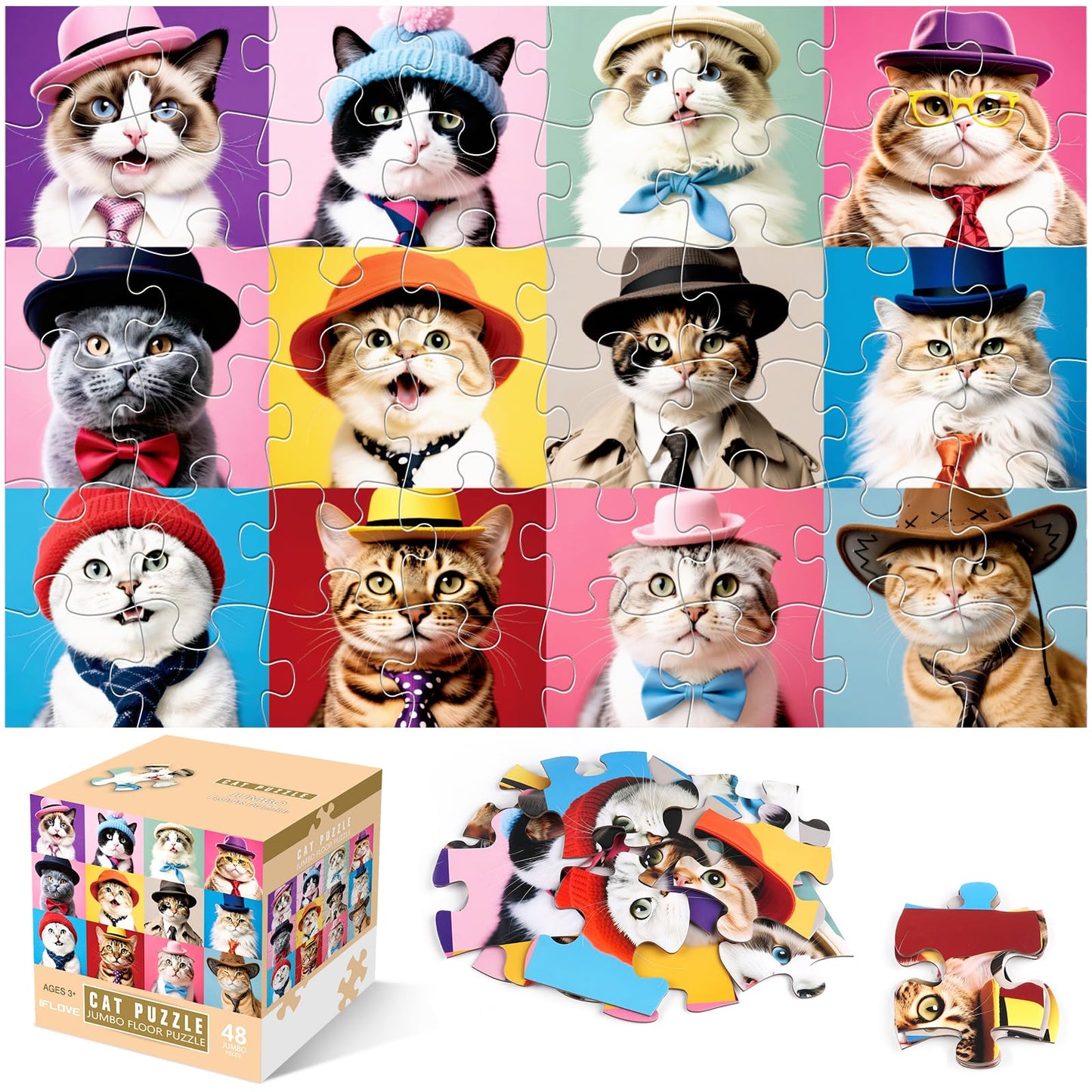 IFLOVE Jumbo Cat Floor Puzzle – 48-Piece Educational Jigsaw for Kids 3-8 | Gift Idea