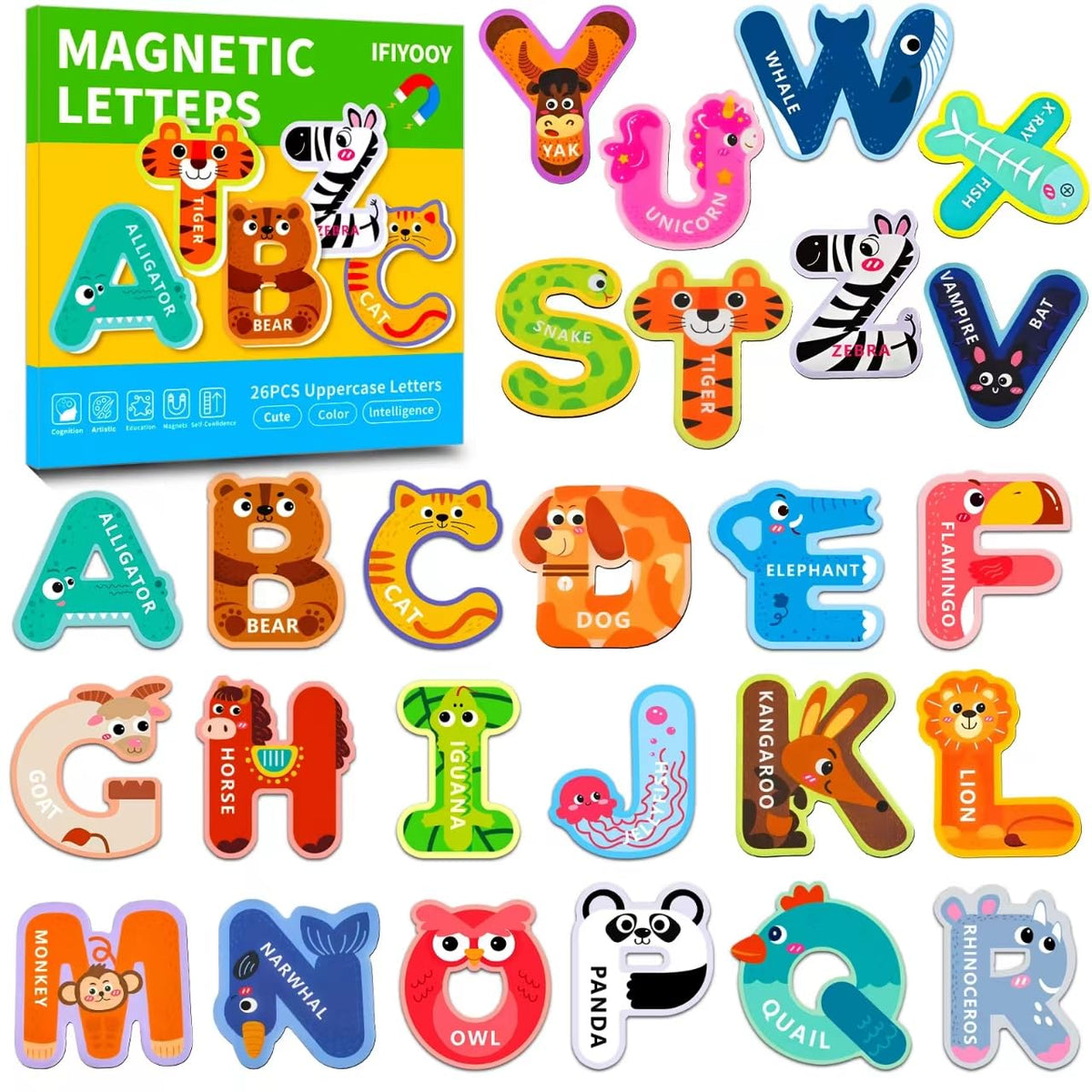 IFIYOOY Fridge Magnets for Toddlers 1-3 – Alphabet Letters & Animal Shapes