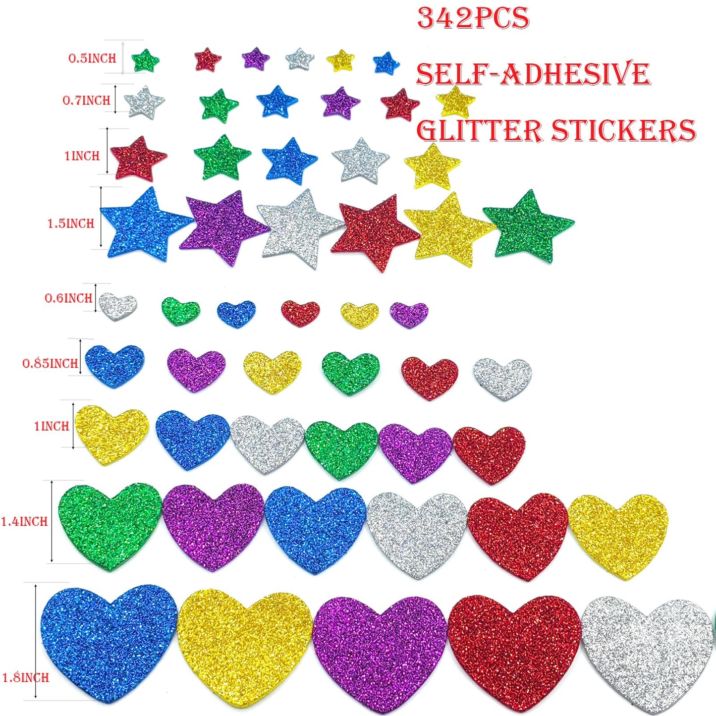 IFKEGON 342PCS Heart and Star Foam Glitter Stickers — Self-Adhesive Puffy Shapes for Crafts