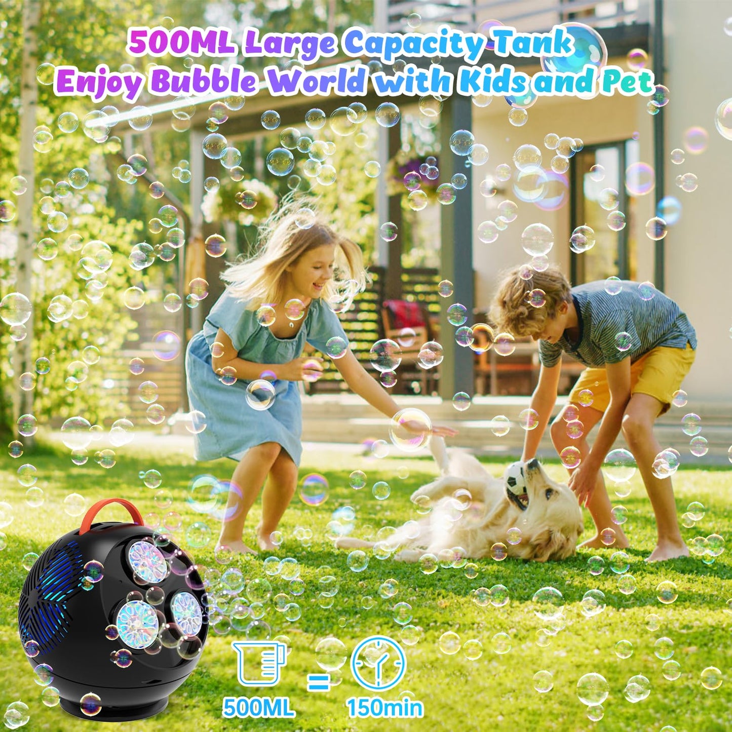 IFLOVE Bubble Machine for Kids – Colorful Spherical Rotating Bubble Maker with LED RGB Lights, 45°/360° Swing, Rechargeable Battery