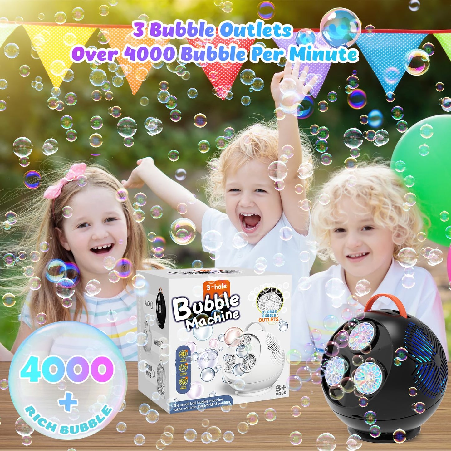 IFLOVE Bubble Machine for Kids – Colorful Spherical Rotating Bubble Maker with LED RGB Lights, 45°/360° Swing, Rechargeable Battery