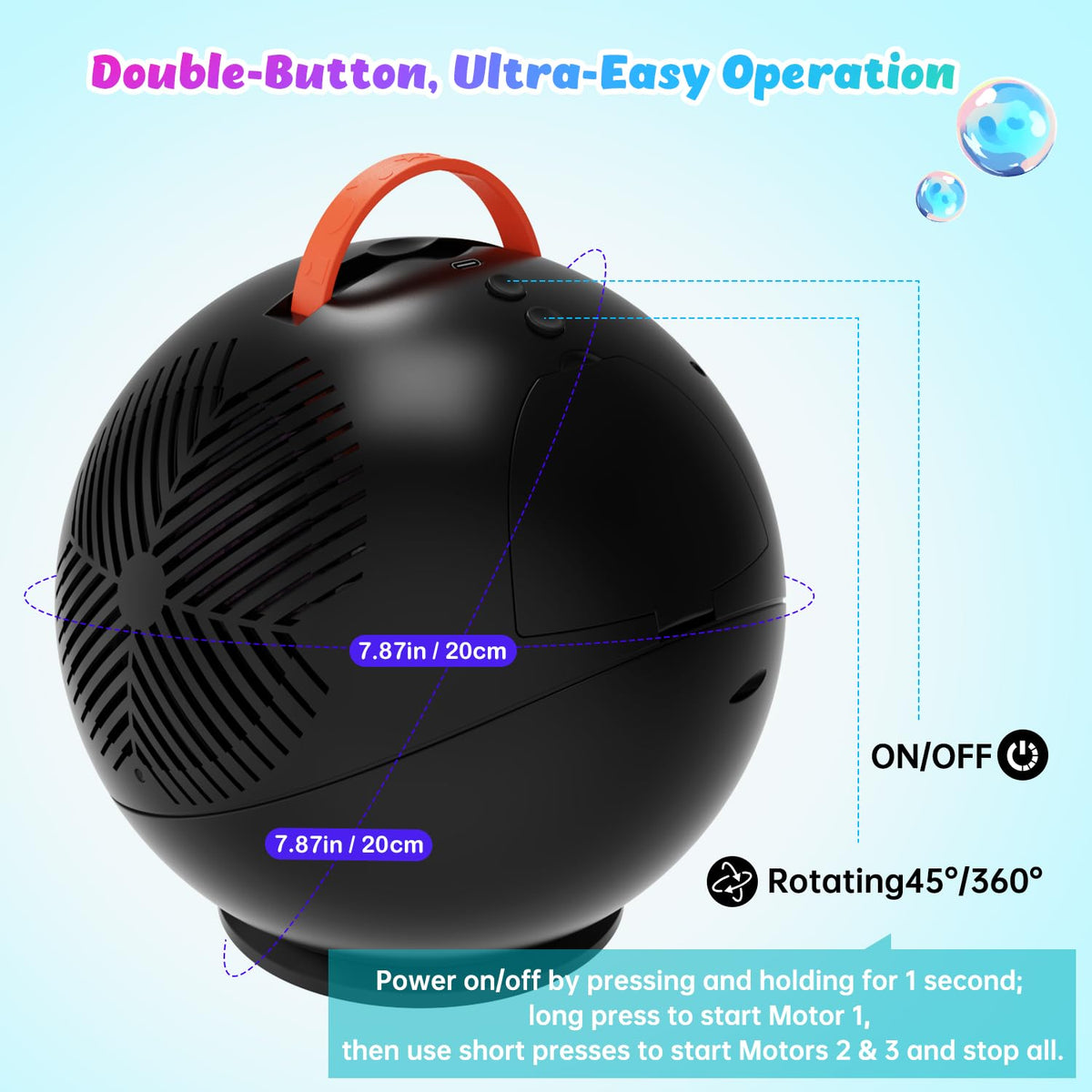IFLOVE Bubble Machine for Kids – Colorful Spherical Rotating Bubble Maker with LED RGB Lights, 45°/360° Swing, Rechargeable Battery
