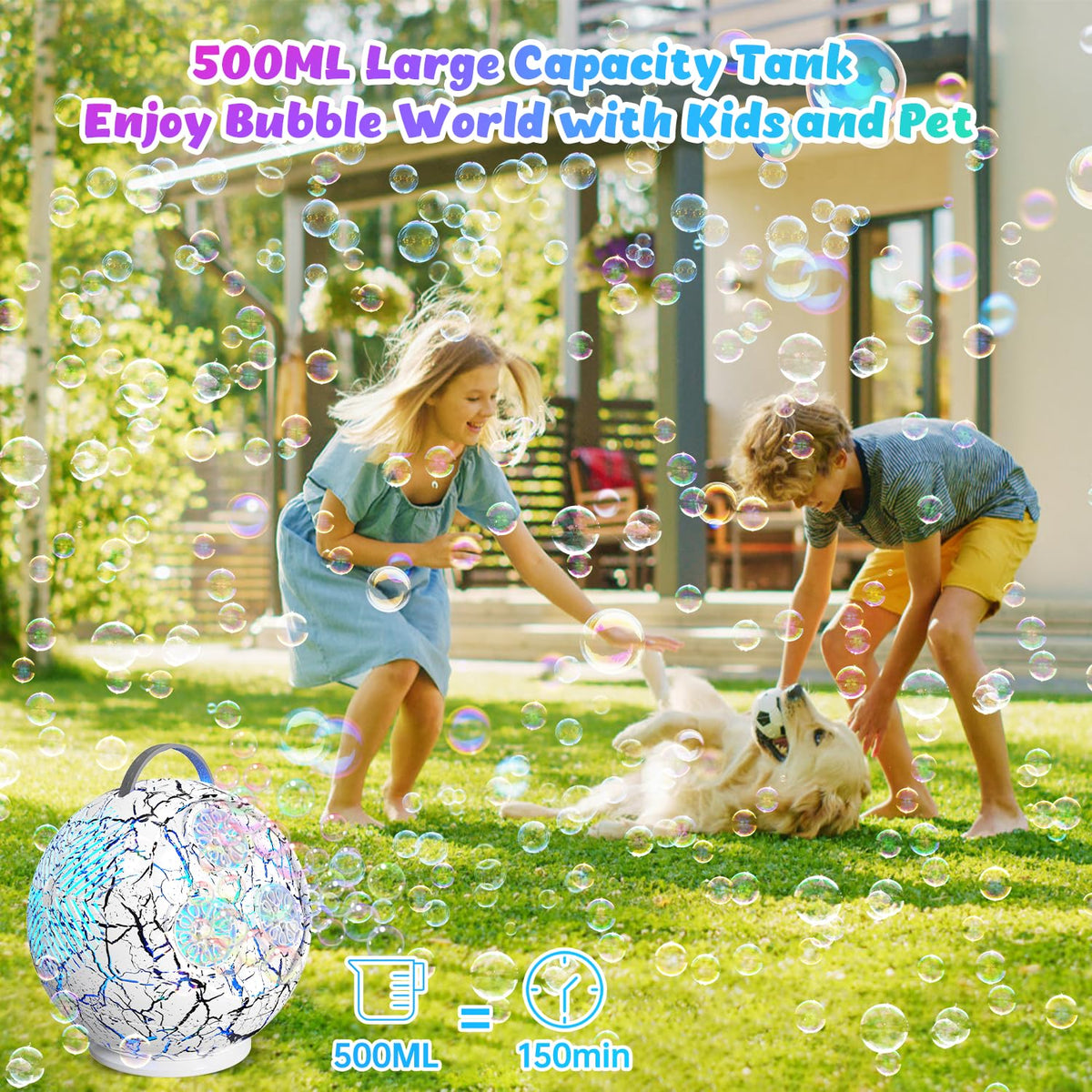 IFLOVE Bubble Machine for Kids – 45°/360° Spherical Rotating Bubble Maker with LED Lights