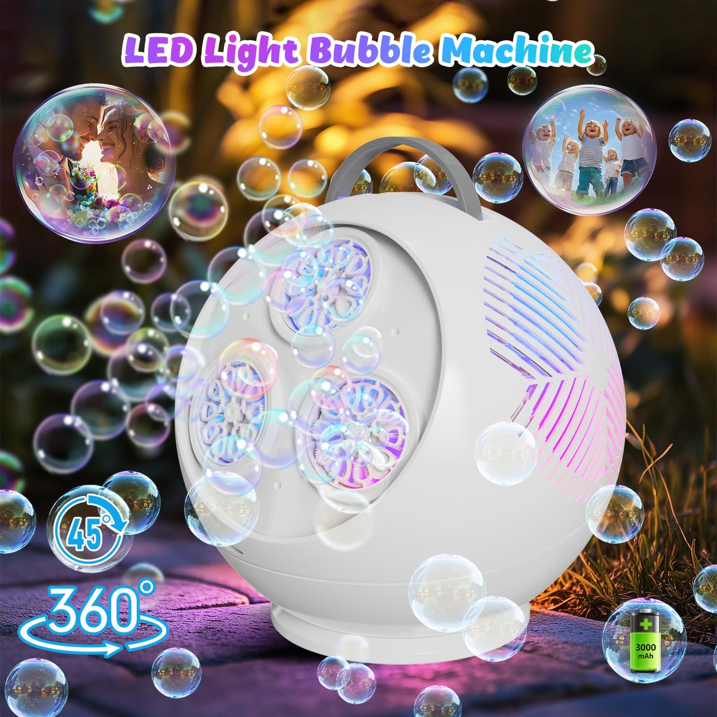 IFLOVE Bubble Machine for Kids – 360° Rotating Spherical Bubble Maker with LED Light (Rechargeable, 3+ Age)