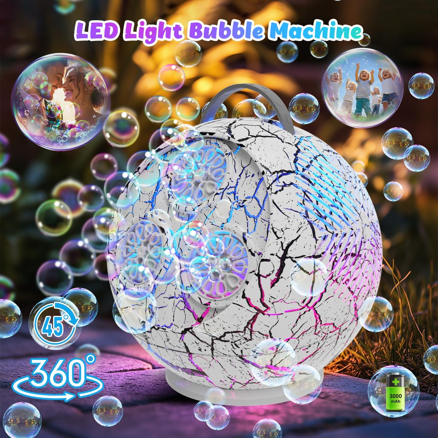 IFLOVE Bubble Machine for Kids – 45°/360° Spherical Rotating Bubble Maker with LED Lights