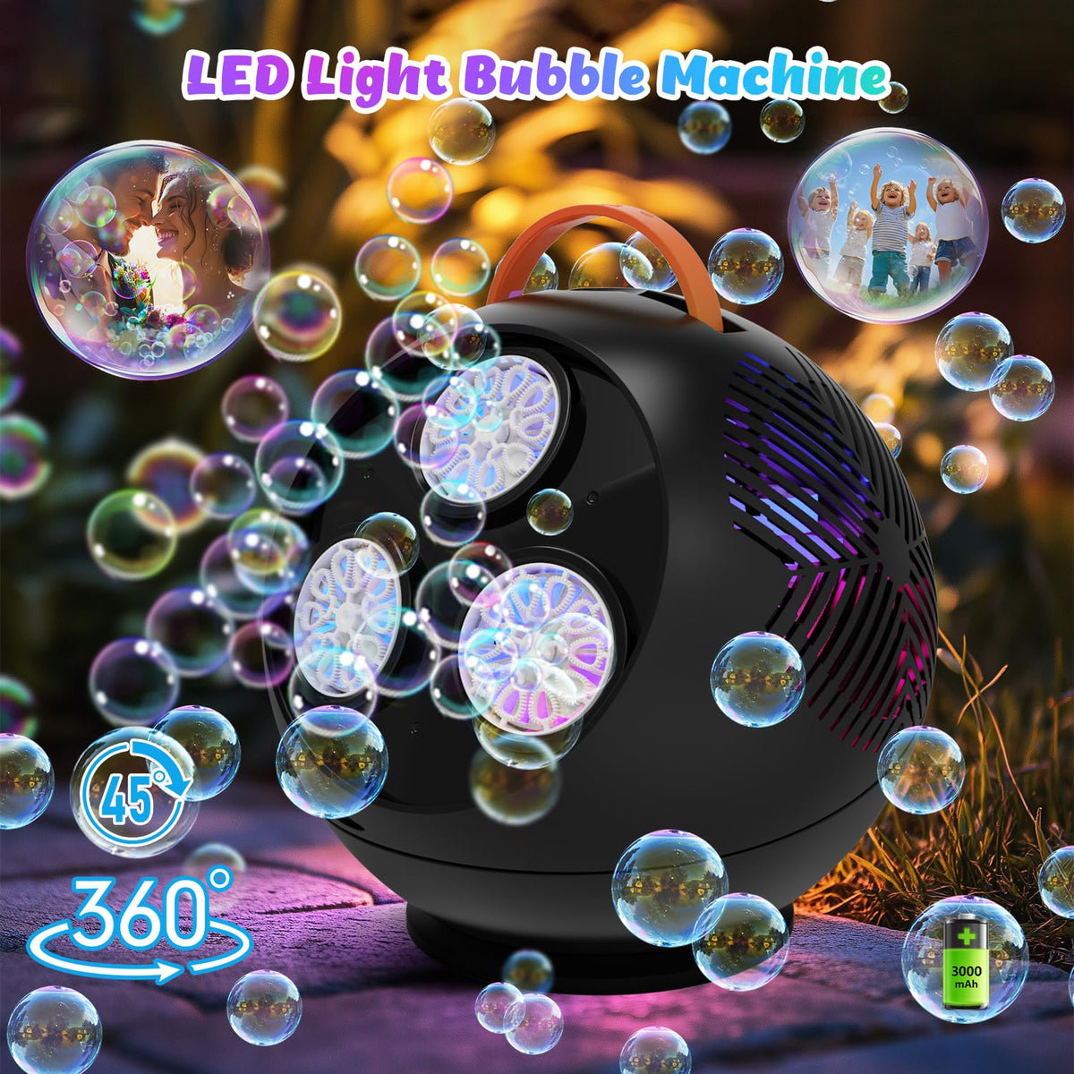 IFLOVE Bubble Machine for Kids – Colorful Spherical Rotating Bubble Maker with LED RGB Lights, 45°/360° Swing, Rechargeable Battery