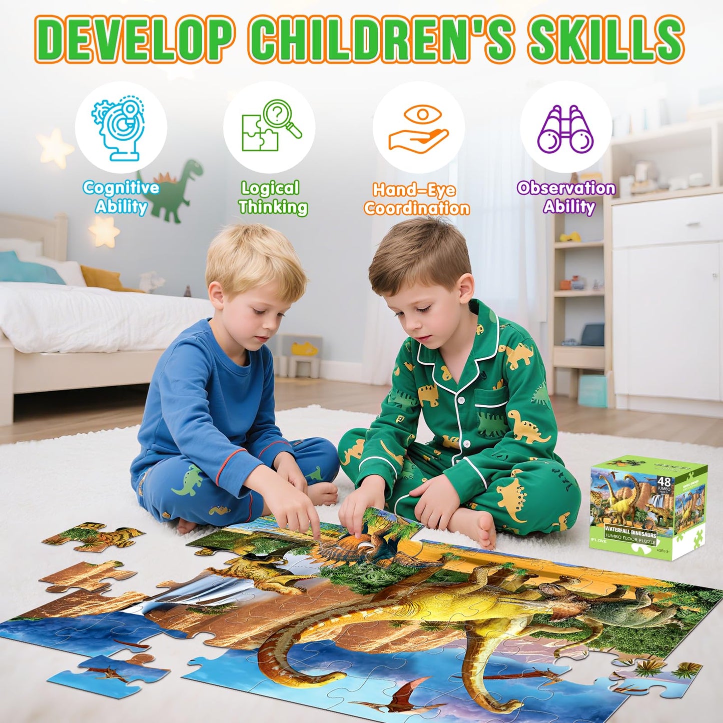 IFLOVE Jumbo Floor Puzzle – 48-Piece Waterfall Dinosaur for Preschool Learning