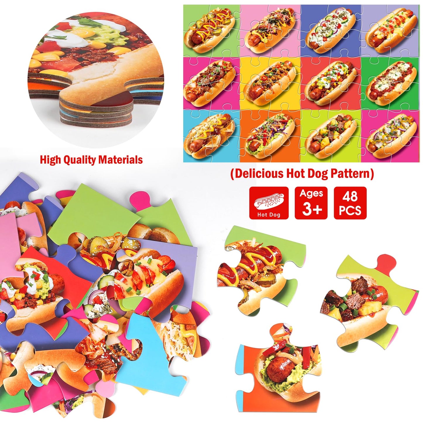 IFLOVE Jumbo Floor Puzzle 48 Hot Dog Pizza Puzzles for Toddlers 3-8