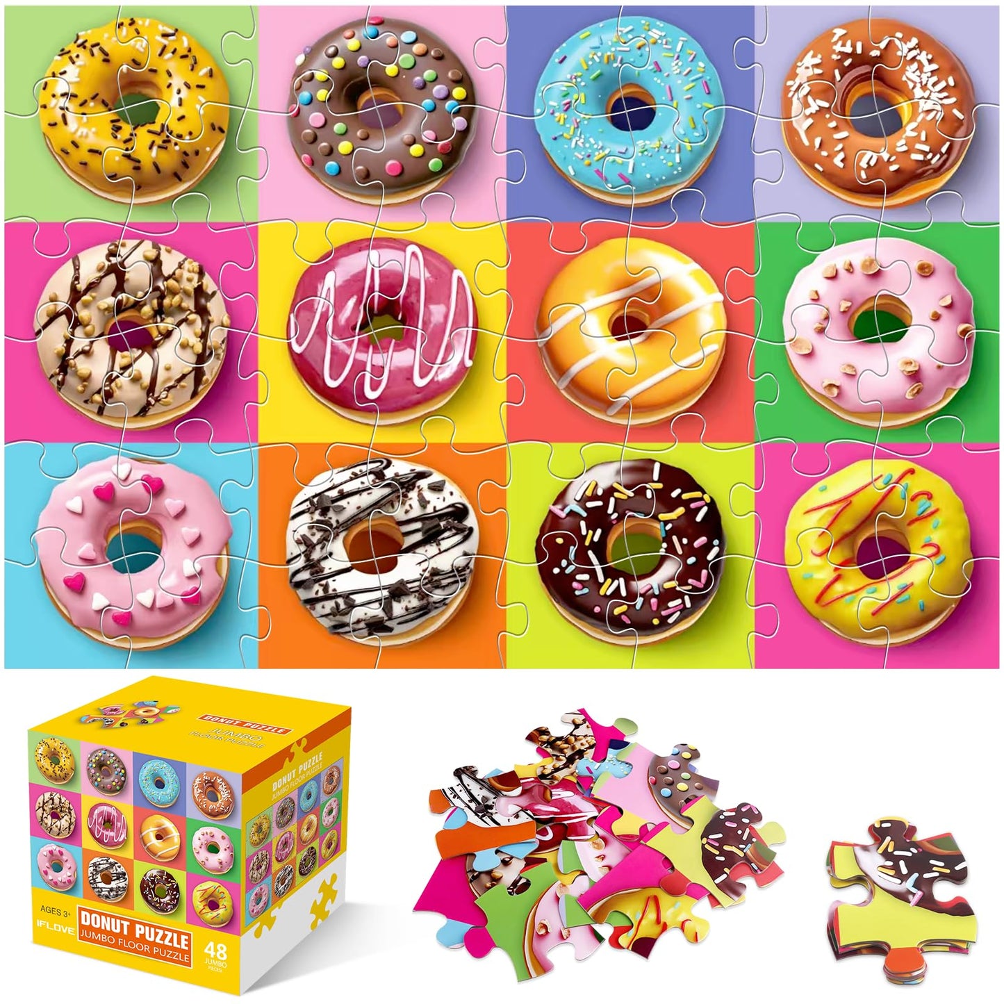 IFLOVE Jumbo Donut Puzzle — 48-Piece Colorful Floor Puzzle for Kids 3-5