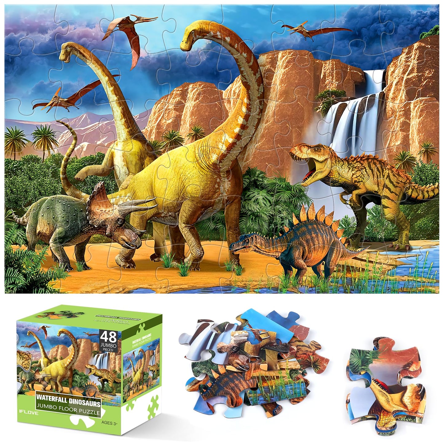 IFLOVE Jumbo Floor Puzzle – 48-Piece Waterfall Dinosaur for Preschool Learning