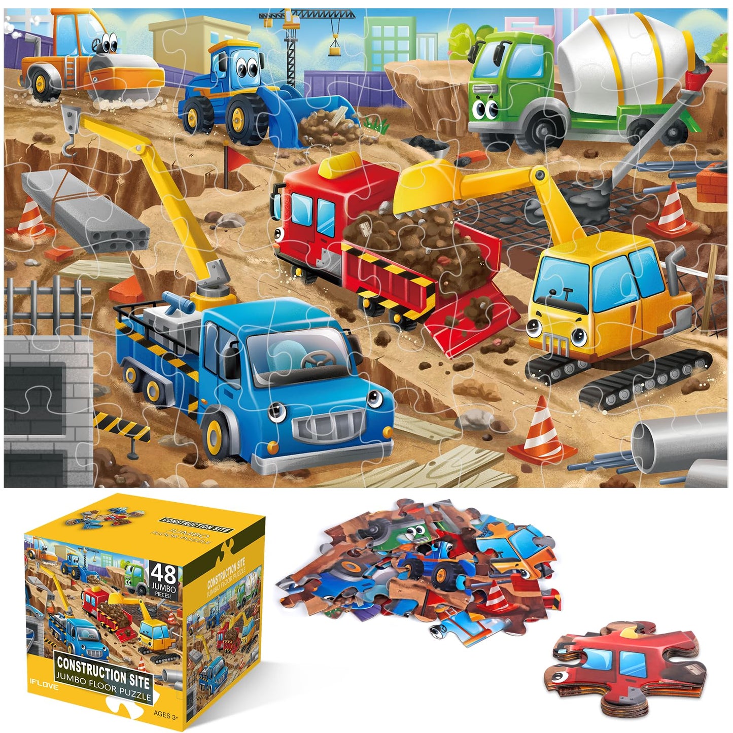 IFLOVE Jumbo Floor Puzzle for Kids – 48-Piece Construction Site Puzzle (Ages 3-5)