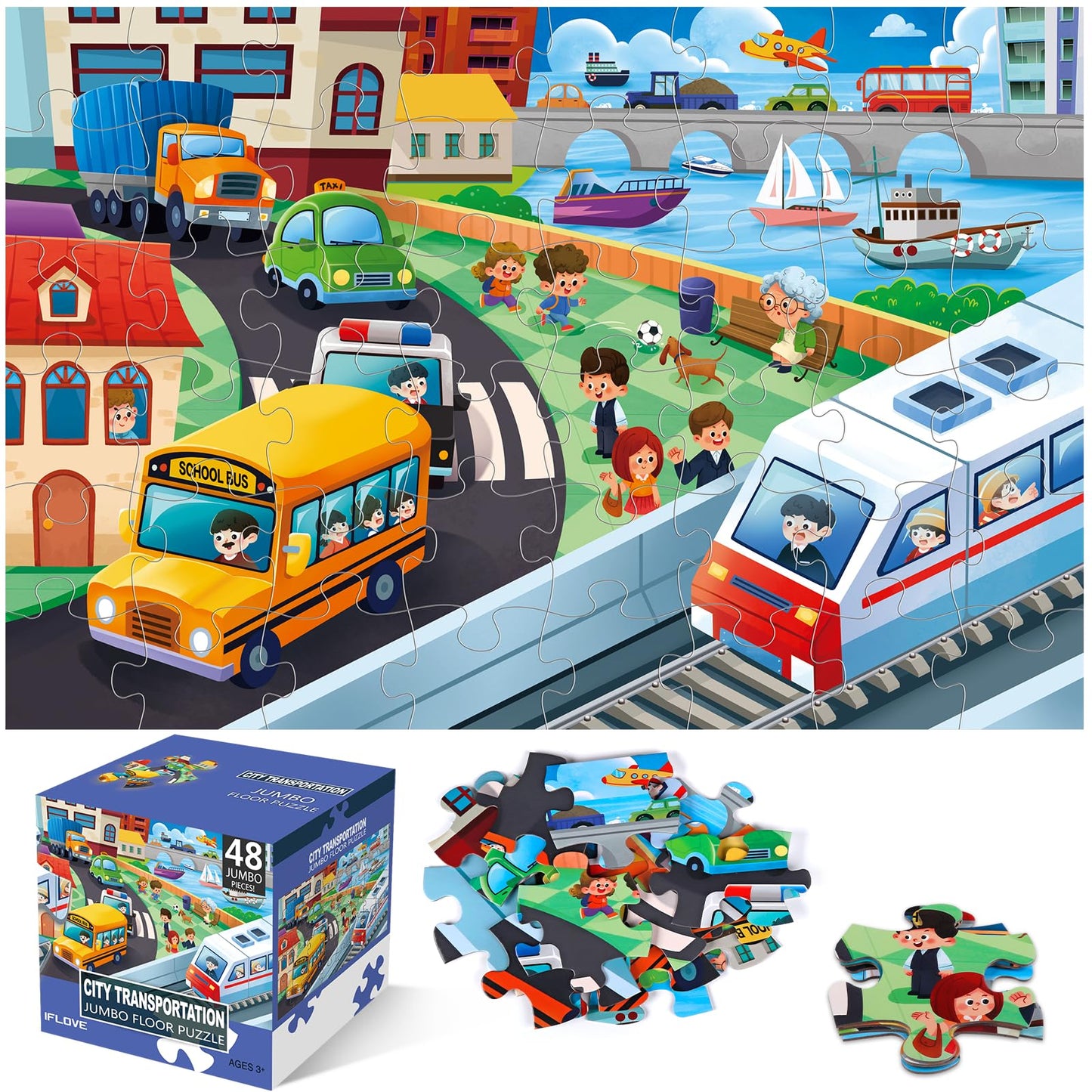 IFLOVE Jumbo Floor Puzzle – 48-Piece City Transportation for Kids 3-8