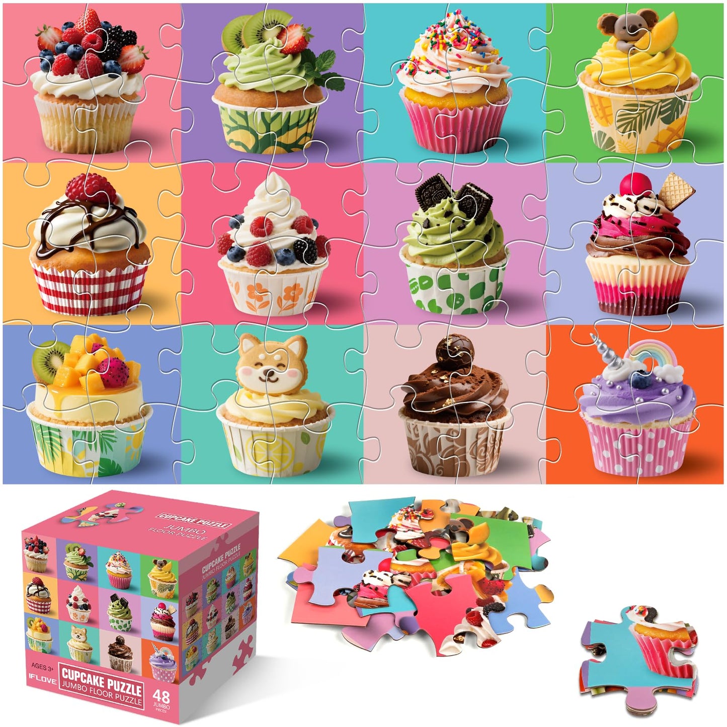 IFLOVE Jumbo Floor Puzzle - 48-Piece Cupcake Jigsaw for Kids Ages 3-8