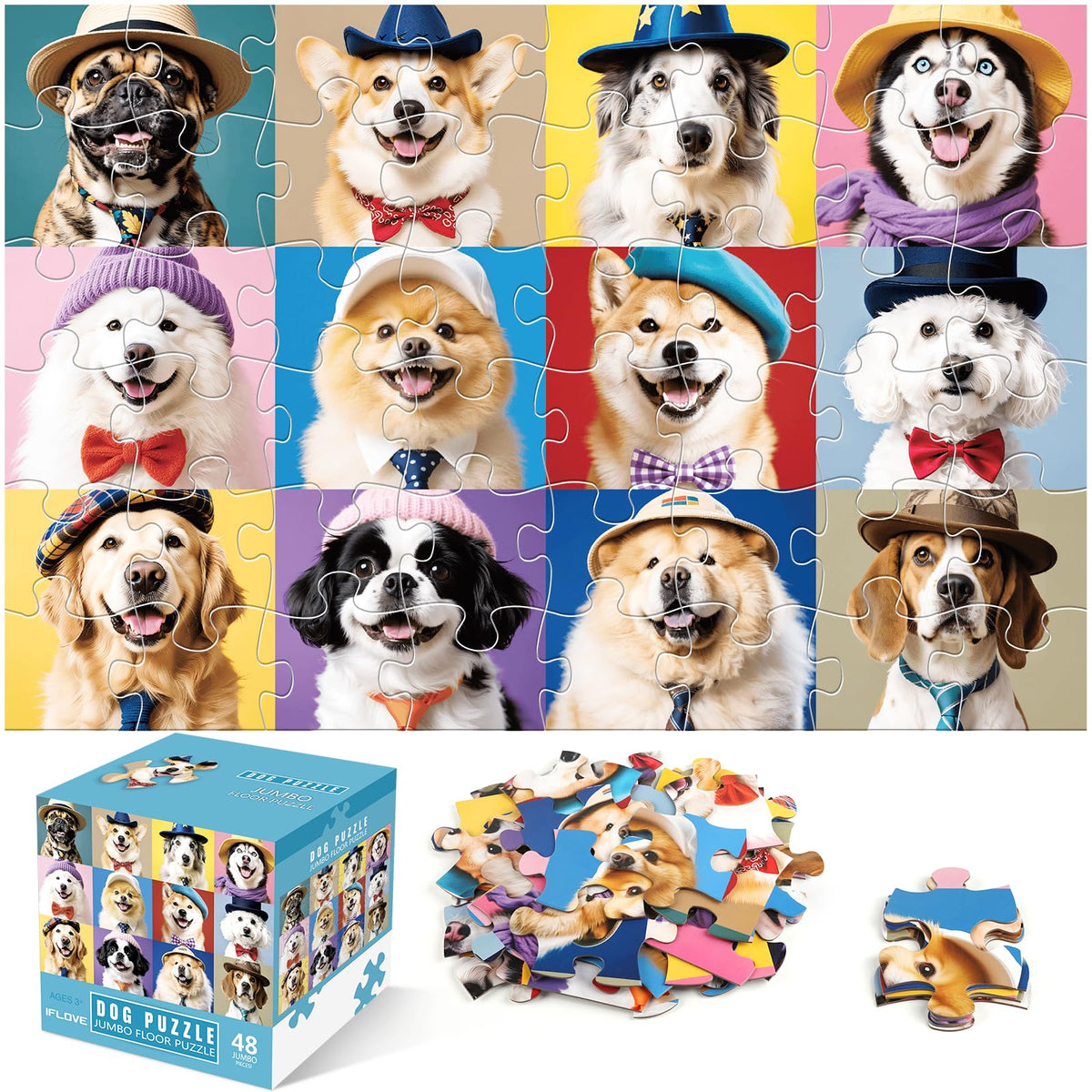IFLOVE Jumbo Floor Puzzle for Kids – 48-Piece Dog Jigsaw, Educational Toy for Toddlers 3–6, Puppy Theme Gift
