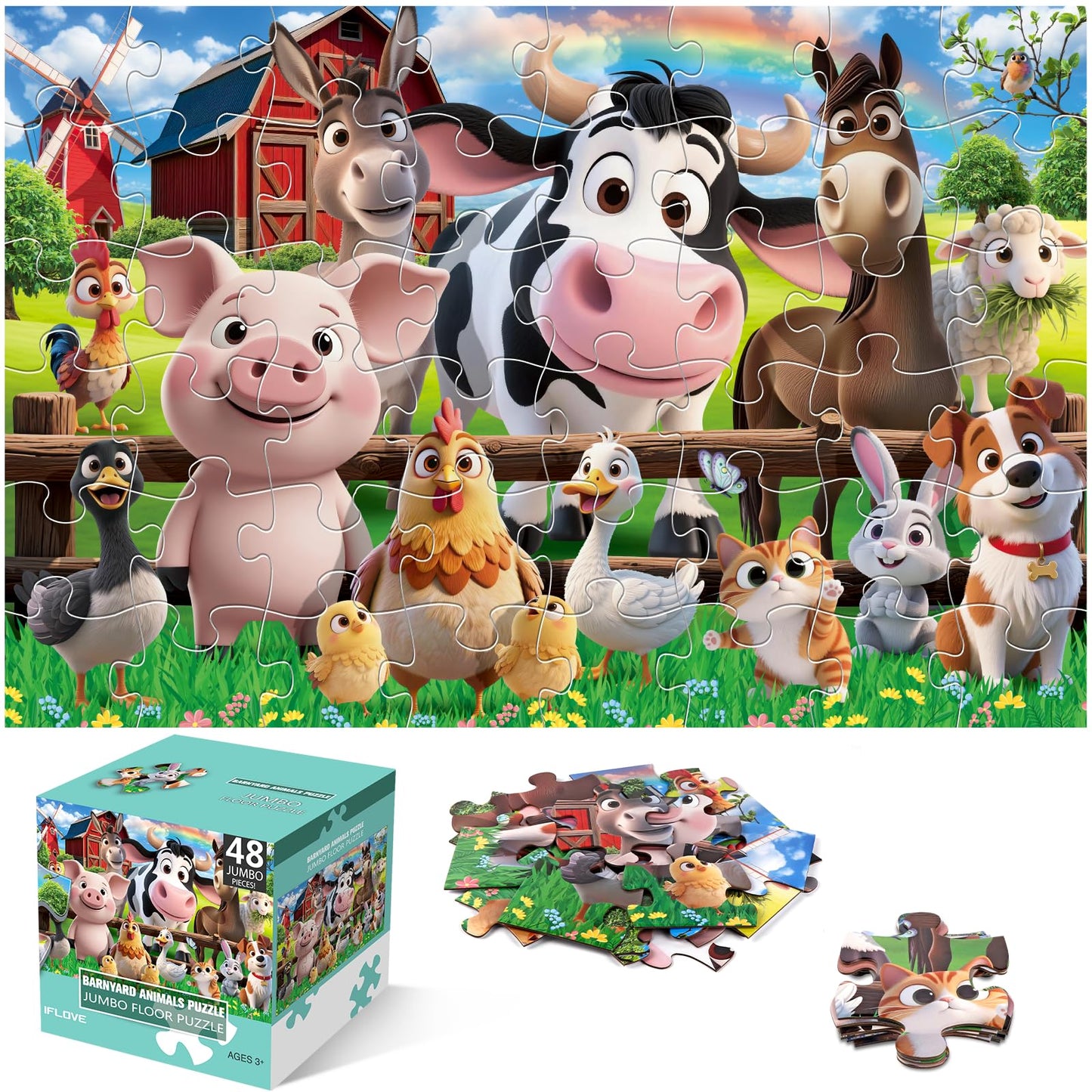IFLOVE Jumbo Farm Animals Puzzle – 48 Pieces for Toddlers 3-5 | Large Barn Jigsaw