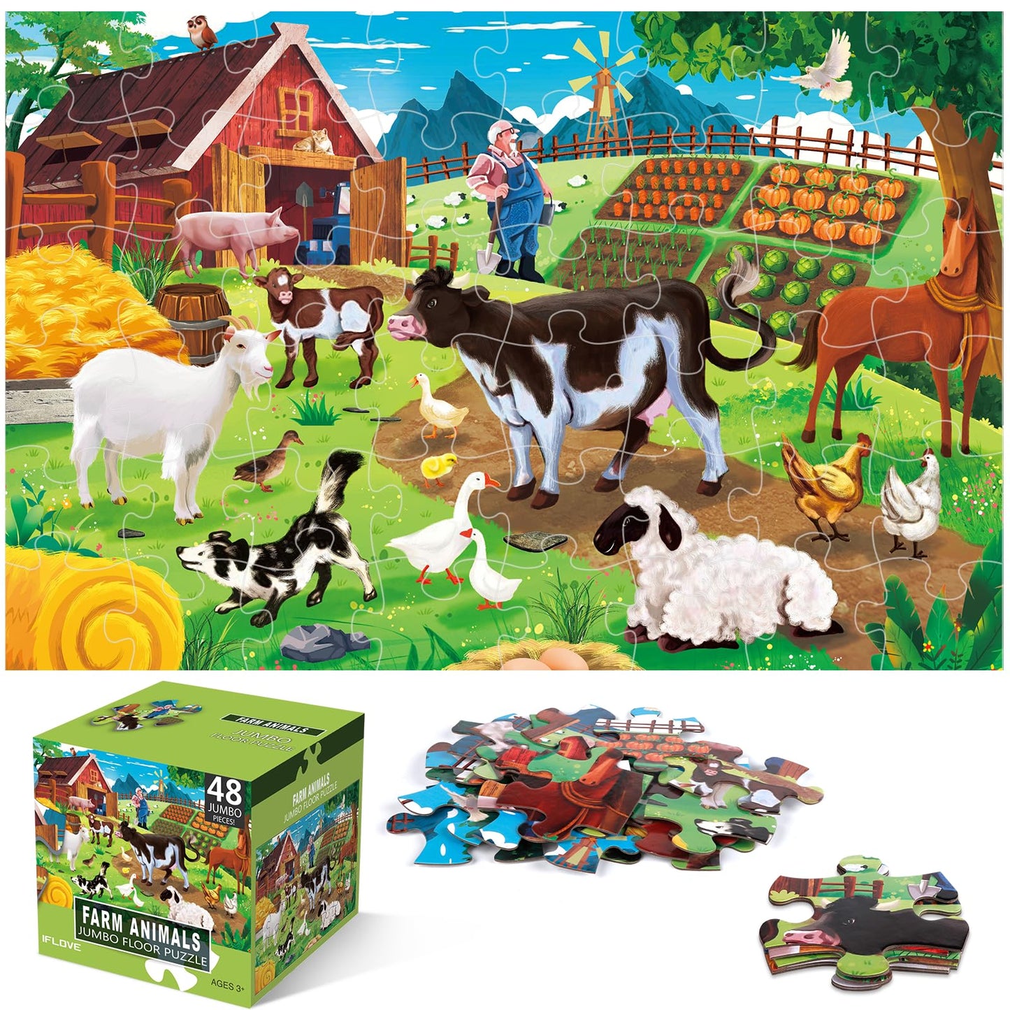 IFLOVE Jumbo Farm Floor Puzzle – 48-Piece Barn Puzzle for Kids 3-8