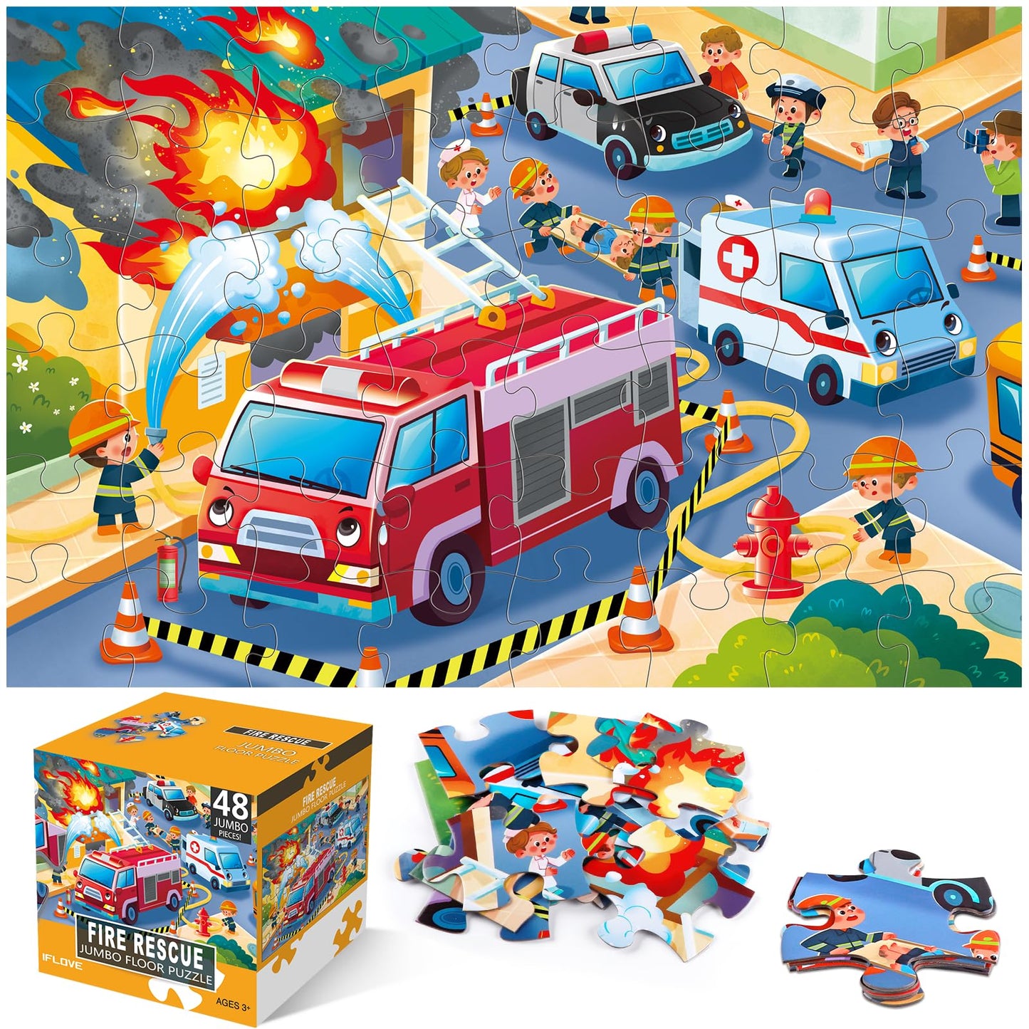 IFLOVE Jumbo Floor Puzzle for Kids | 48-Piece Fire Rescue Firefighter Puzzle for Ages 3-5