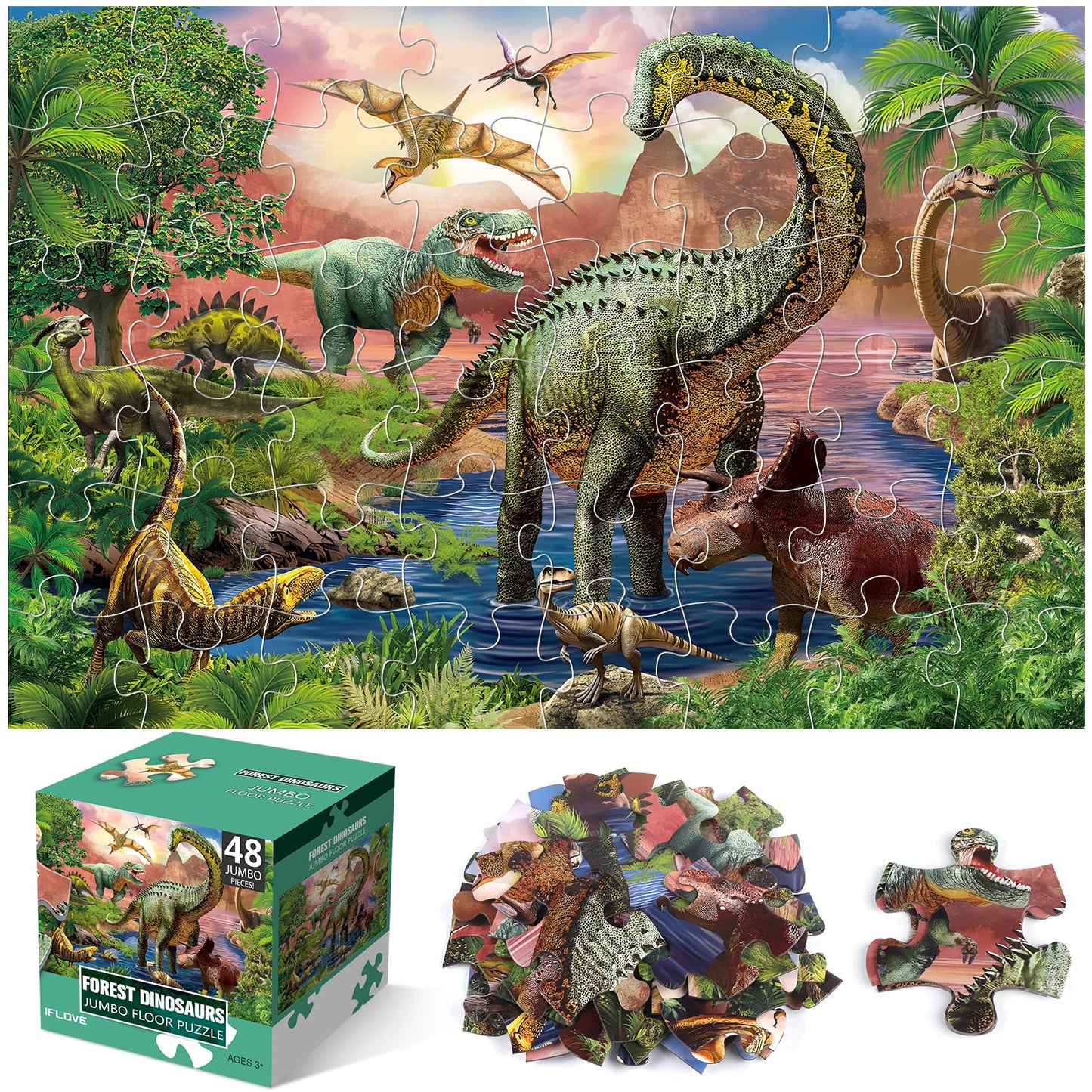 IFLOVE Jumbo Floor Puzzle for Kids – 48-Piece Forest Dinosaur Puzzle, Educational Toy Ages 3-5