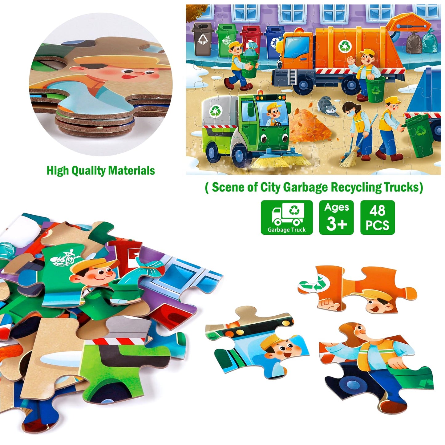 IFLOVE Jumbo Floor Puzzle – 48-Piece Trash Truck City Puzzle for Kids 3-5