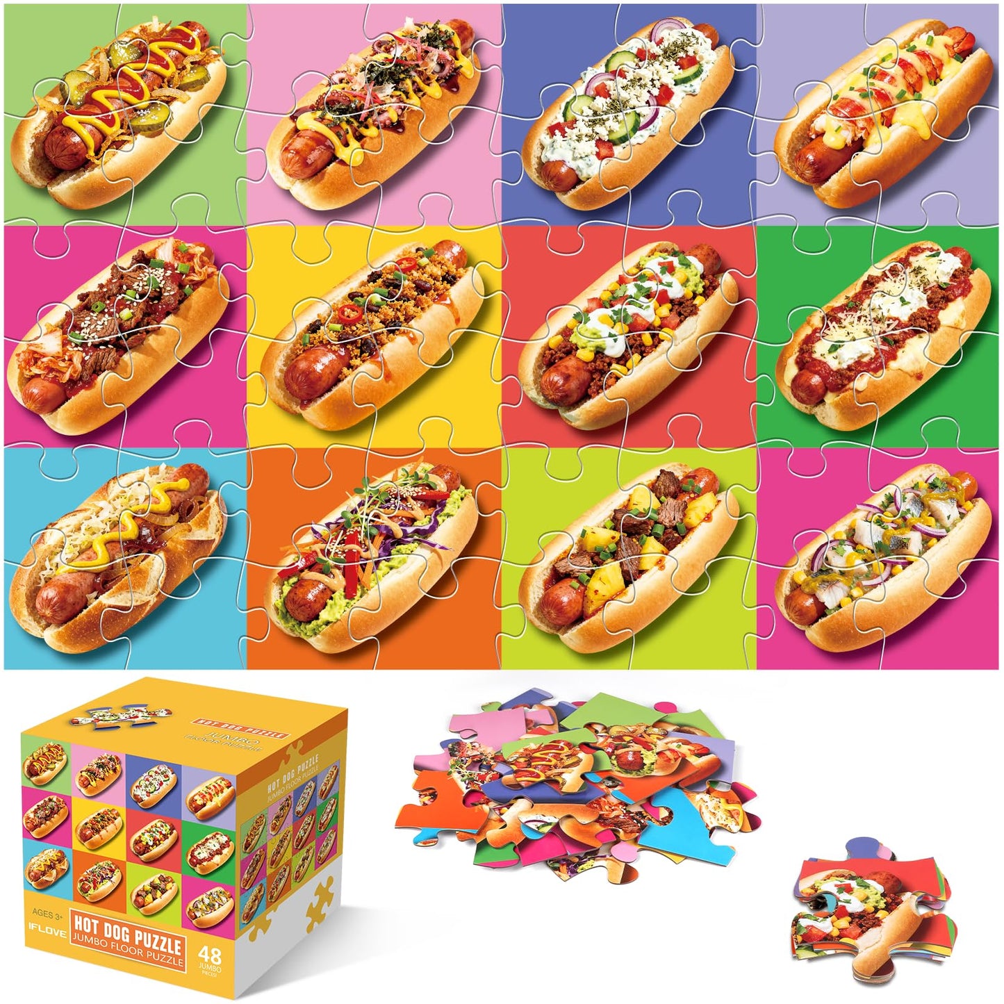 IFLOVE Jumbo Floor Puzzle 48 Hot Dog Pizza Puzzles for Toddlers 3-8