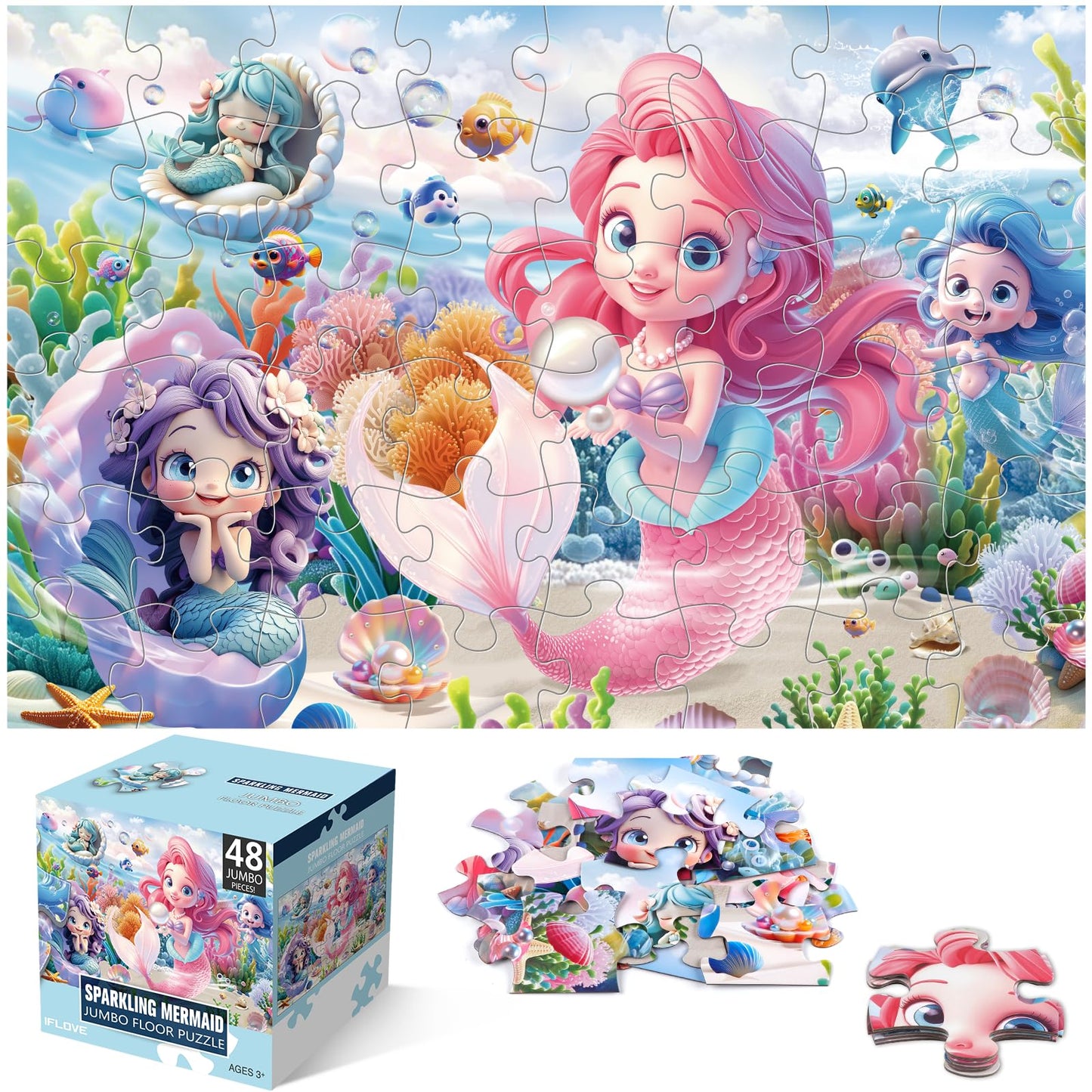 IFLOVE Jumbo Mermaid Floor Puzzle – 48-Piece Ocean Adventure for Ages 3-8