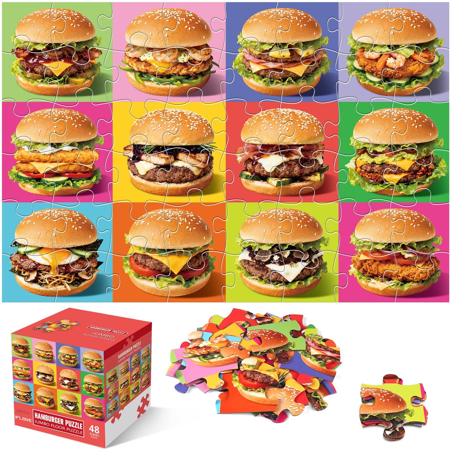 IFLOVE Jumbo Floor Puzzle for Kids – 48-Piece Hamburger Jigsaw, Safe Fun for Ages 3–8