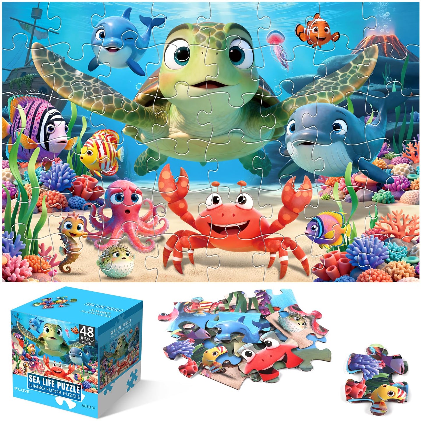 IFLOVE Jumbo Floor Puzzle – 48-Piece Sea Life Kids Puzzle for Ages 3-6