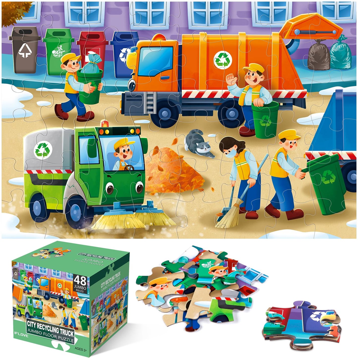 IFLOVE Jumbo Floor Puzzle – 48-Piece Trash Truck City Puzzle for Kids 3-5