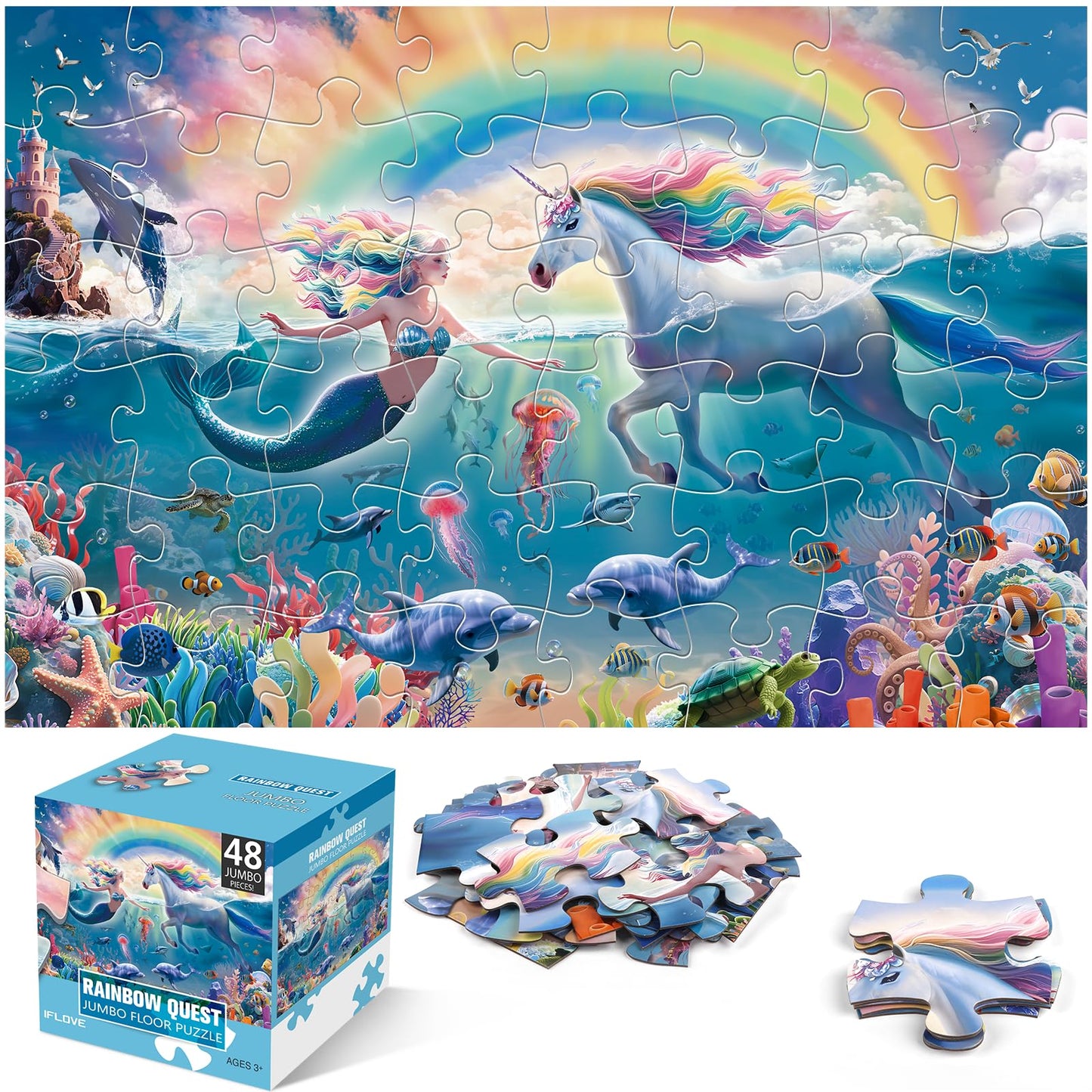 IFLOVE Jumbo Floor Puzzle – Unicorn & Mermaid Underwater 48-Piece, Educational Toy for Ages 3-8