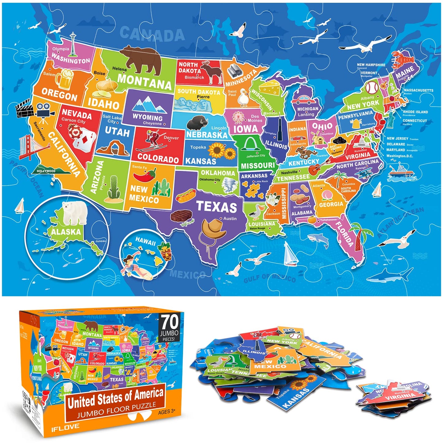 IFLOVE Jumbo Floor Puzzle USA Map for Kids | 70-Piece Capitals & States Puzzle (Ages 3-8)