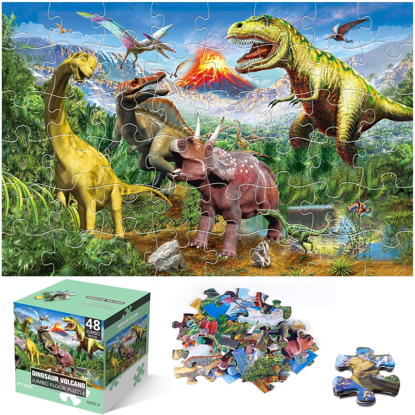 IFLOVE Jumbo Floor Puzzle – 48-Piece Volcano Dinosaur for Kids (Ages 3–8)