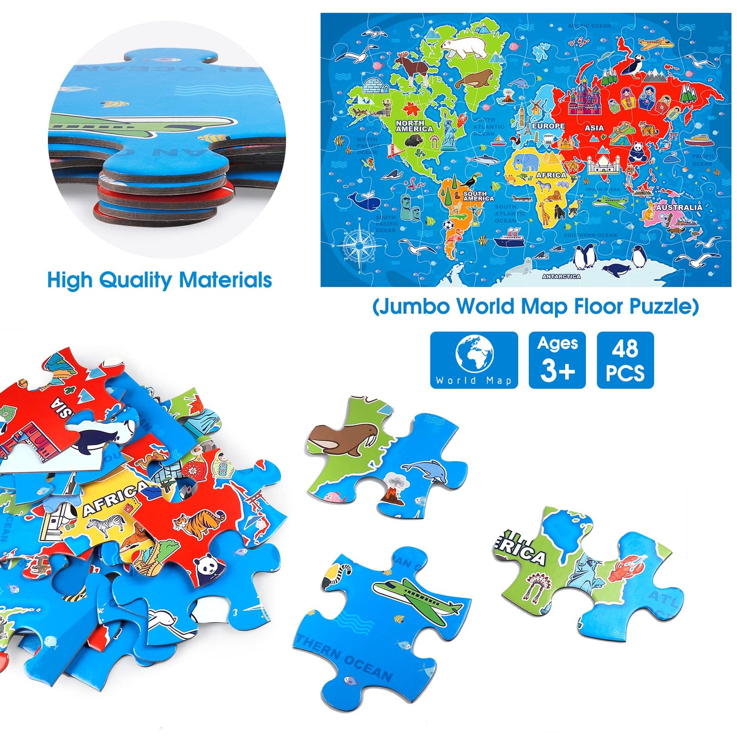 IFLOVE Jumbo Floor Puzzle – World Map for Kids, 48-Piece Geography Puzzle, Ages 3-8