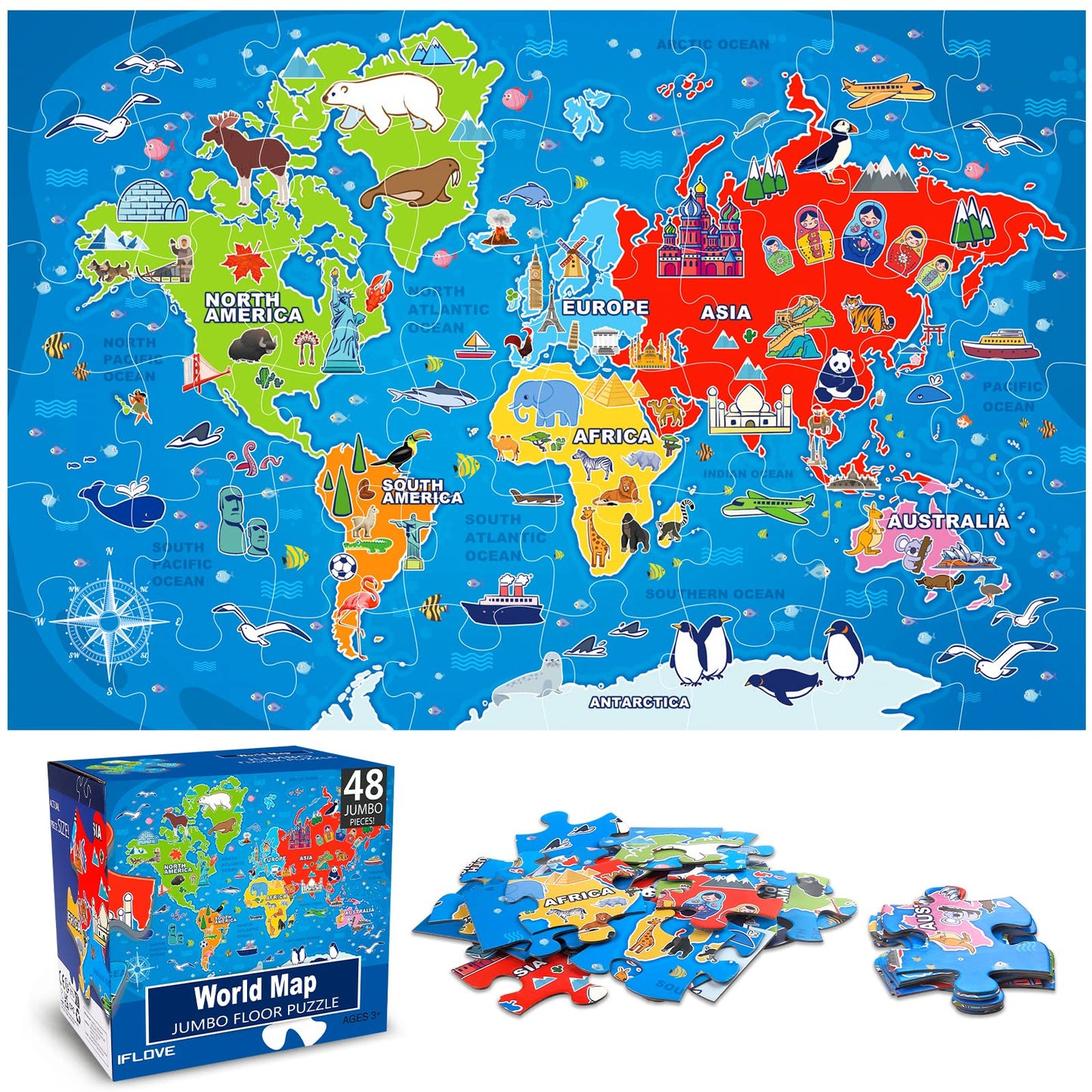 IFLOVE Jumbo Floor Puzzle – World Map for Kids, 48-Piece Geography Puzzle, Ages 3-8