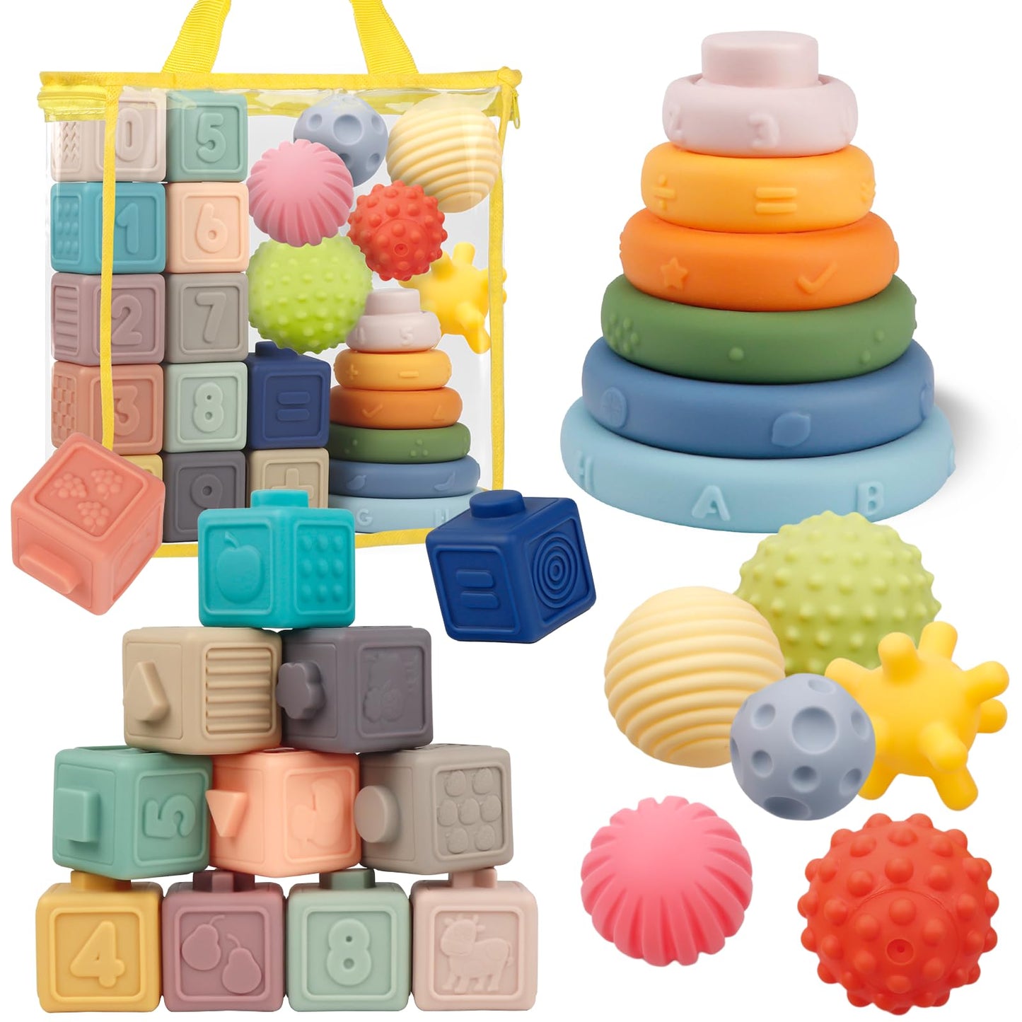 IFLOVE Montessori Baby Toys Bundle – 3-in-1 Soft Blocks, Rings & Balls