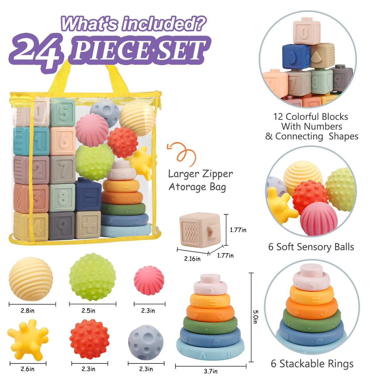 IFLOVE Montessori Baby Toys Bundle – 3-in-1 Soft Blocks, Rings & Balls