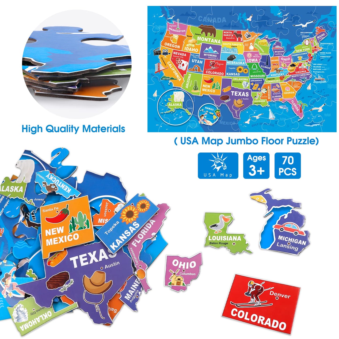 IFLOVE Jumbo Floor Puzzle USA Map for Kids | 70-Piece Capitals & States Puzzle (Ages 3-8)