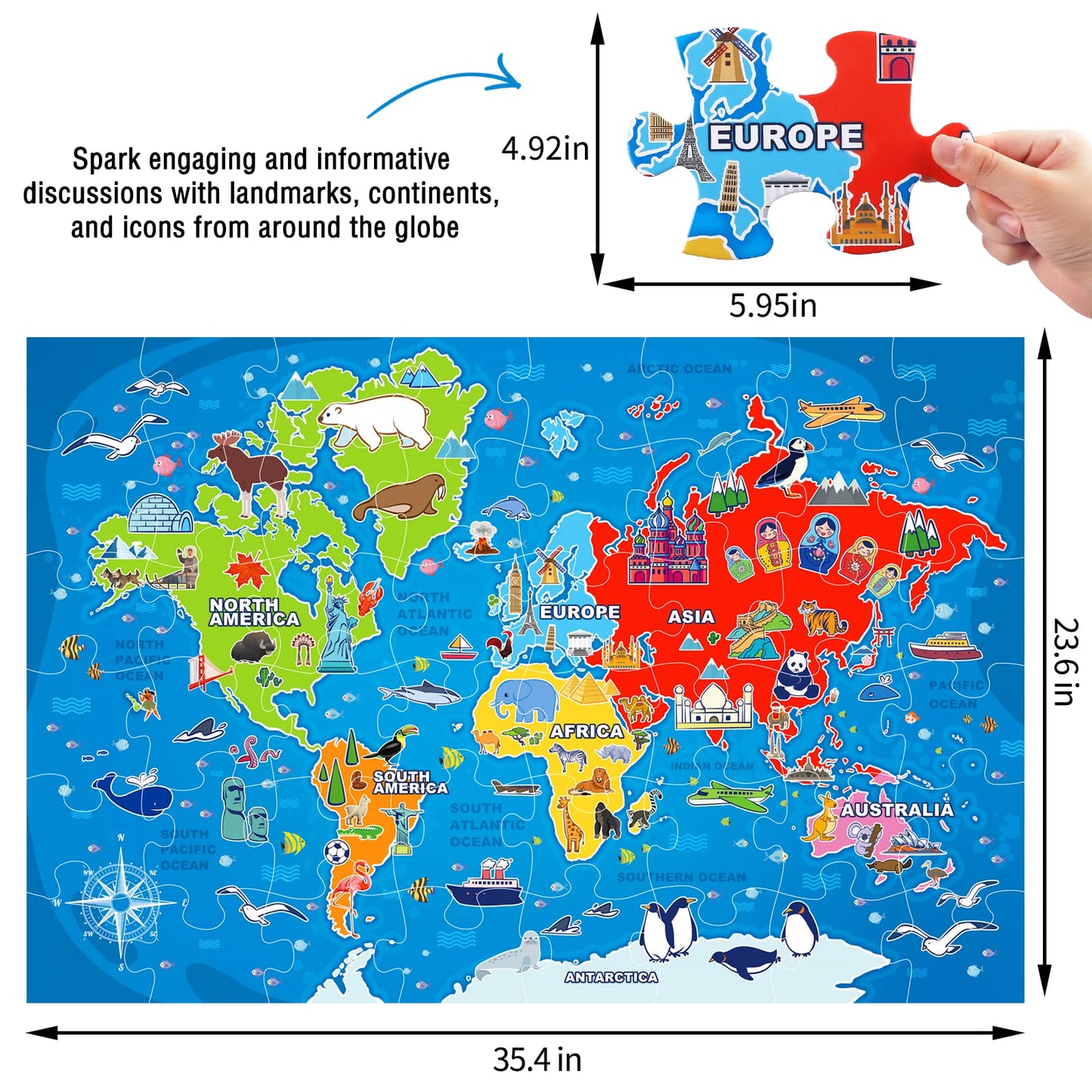 IFLOVE Jumbo Floor Puzzle – World Map for Kids, 48-Piece Geography Puzzle, Ages 3-8