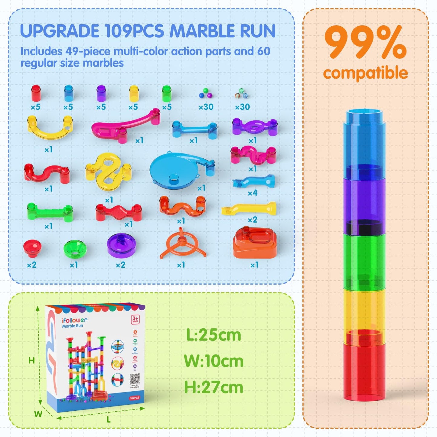 Ifollower Marble Run 109Pcs – STEM Building Toy for Kids 3-12