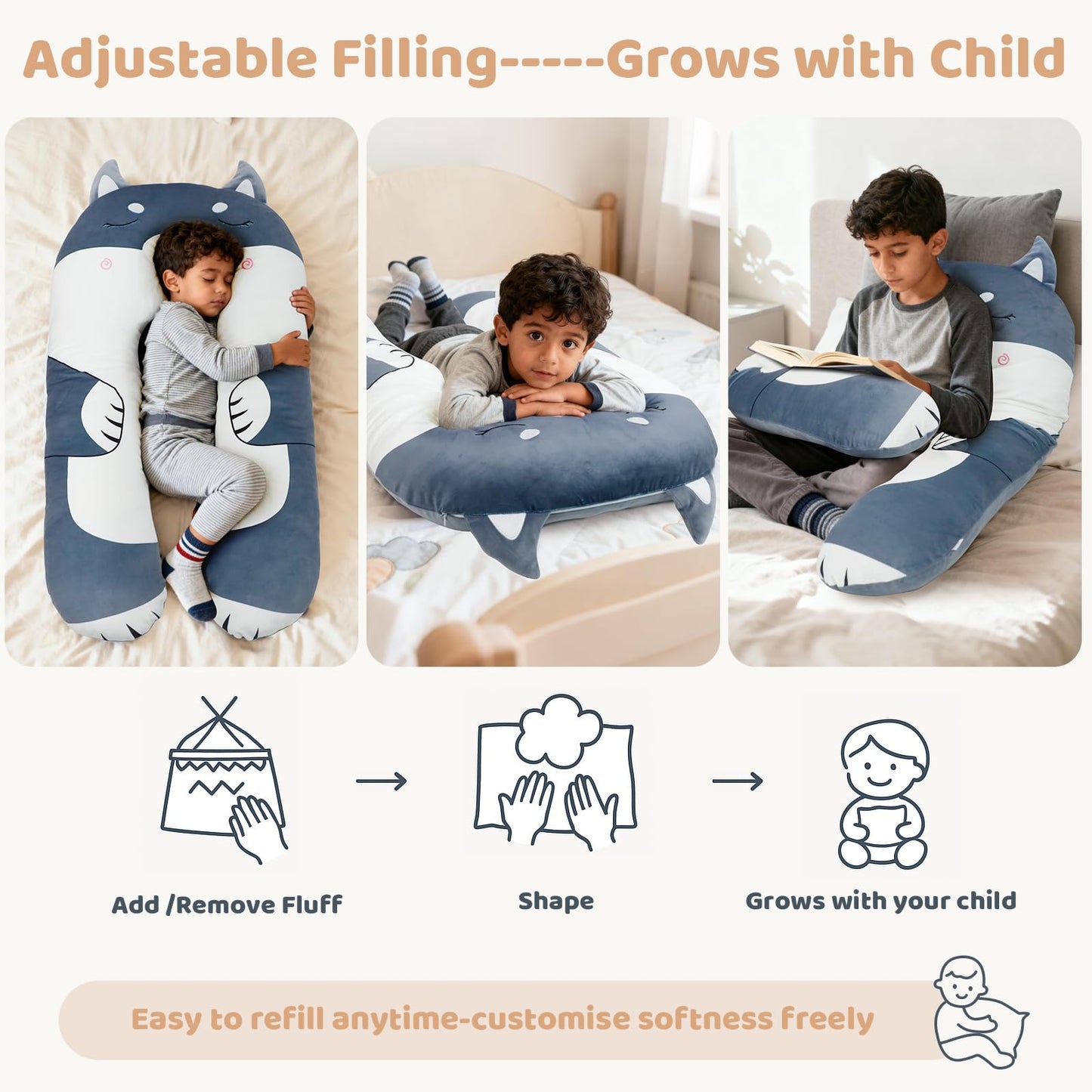 IFOYO Dog U-Shaped Kids Body Pillow 43-Inch – Minky Full Body Support for Sleep, Reading, ADHD & Sensory Relief