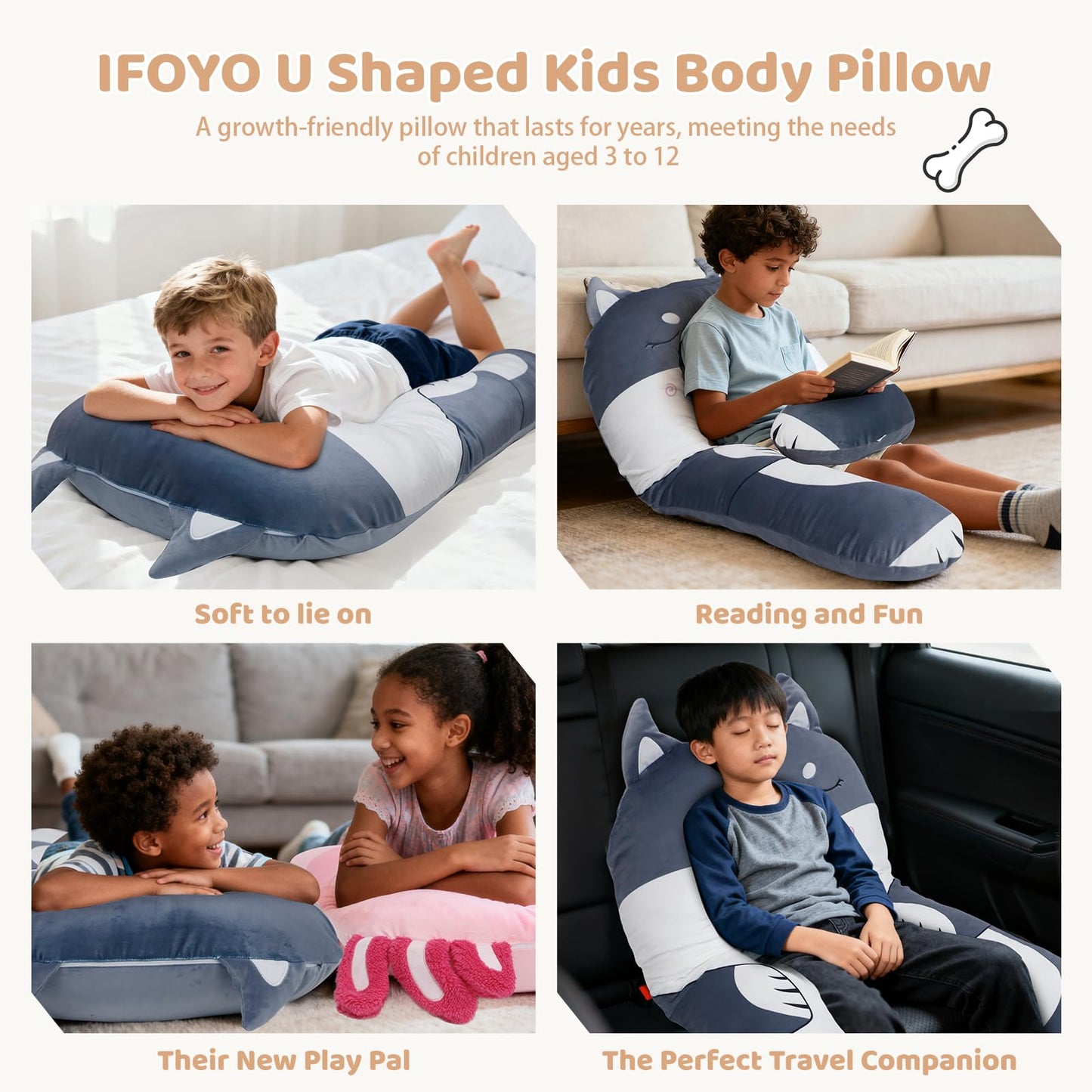 IFOYO Dog U-Shaped Kids Body Pillow 43-Inch – Minky Full Body Support for Sleep, Reading, ADHD & Sensory Relief